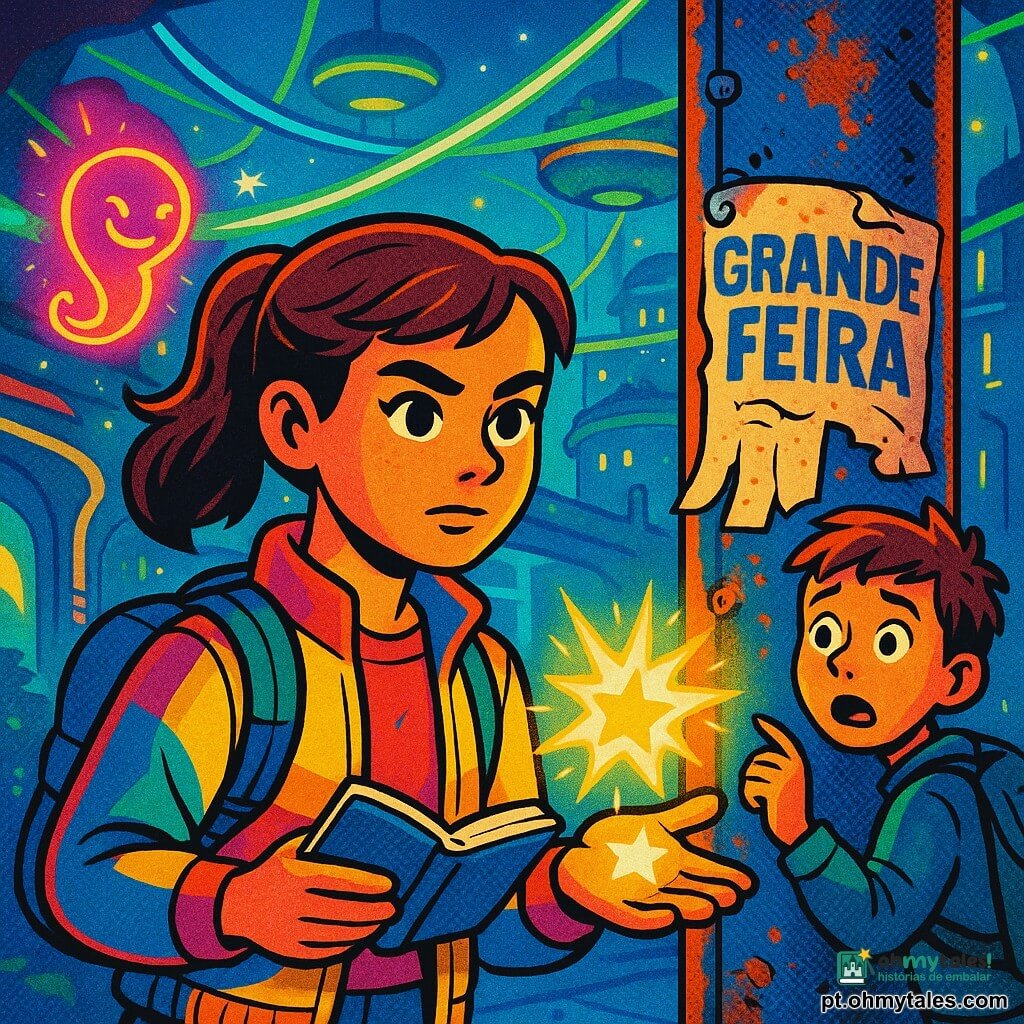 Garota de 12 anos, cabelo castanho em rabo de cavalo, roupas práticas e coloridas, olhar concentrado e corajoso, segura um pequeno caderno aberto e um adesivo-estrela luminoso na palma, em frente a um poste velho e enferrujado; menino de ~11 anos com mochila grande, expressão surpresa e preocupada, recuado à direita apontando um cartaz de papel rasgado; pequena criatura luminosa em forma de vírgula, maliciosa, em néons rosa e amarelo, flutua perto do poste com sorriso travesso; cena numa rua lateral de Aurória com passarelas suspensas, fitas luminosas verdes e azuis, jardins flutuantes circulares e edifícios futuristas de formas suaves; o poste contrasta com tinta descascada, parafusos aparentes e um cartaz amarelado onde se lê parcialmente “GRANDE FEIRA”; atmosfera em cores saturadas, contornos espessos e sombras planas ao estilo pop art, brilhos neon e textura granulada no metal; ação principal: confronto calmo e curioso entre a garota determinada e a pequena criatura temporal enquanto o menino observa e o futuro luminoso de Aurória se desenrola ao redor.