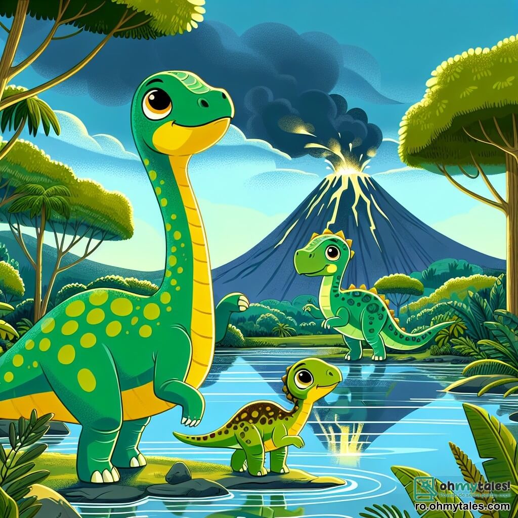 Un diplodocus numit Dimi, cu un gât lung și grațios și o piele verde strălucitoare, stă pe marginea unui lac strălucitor, privirea sa fiind determinată și curajoasă în timp ce se pregătește să-și avertizeze prietenii despre un pericol iminent. Lângă el, fratele său Pogo, un tânăr diplodocus cu solzi galbeni, sare de entuziasm, ochii săi mari și rotunzi strălucind de energie, în timp ce arată spre cer, unde nori întunecați încep să se formeze. În fundal, Dada, mama lor, o diplodocus măreață cu modele de pete maronii, observă cu îngrijorare, pregătită să-și protejeze familia. Decorul este o pădure luxuriantă, cu copaci uriași și frunze verzi, un cer albastru care se transformă încet în gri și un vulcan în depărtare, care scuipă fum, creând o atmosferă atât frumoasă, cât și amenințătoare. Scena arată unitatea lui Dimi și a familiei sale, pregătiți să înfrunte erupția vulcanului, ilustrând curajul și solidaritatea în fața adversității.