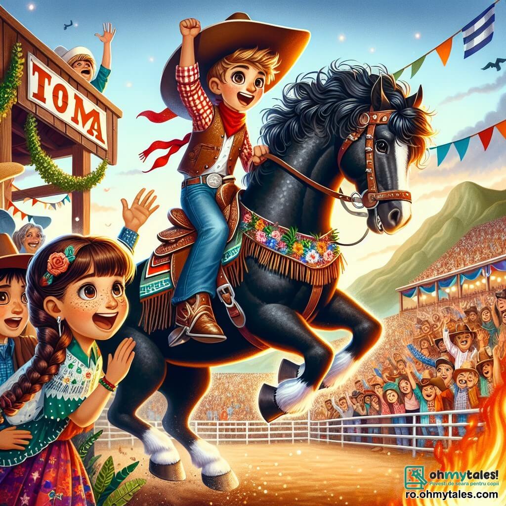 Un tânăr cowboy, Toma, un băiat de aproximativ 10 ani, stă mândru pe calul său Bălan, un cal negru splendid cu o coamă strălucitoare. Toma poartă o pălărie mare de cowboy și o cămașă cu carouri roșii, fața lui radiază de excitare și hotărâre în timp ce se pregătește să sară printr-un cerc înflăcărat în timpul unei competiții de rodeo. Lângă el, Roza, o fetiță de 9 ani cu părul lung și brun împletit, îl încurajează cu un zâmbet mare, cu brațele ridicate în semn de susținere. Ea poartă o rochie colorată și cizme de cowboy. Luca, un băiat de 10 ani cu ochelari și părul zbârlit, stă puțin mai în spate, ținând o pancartă cu numele lui Toma scris în litere colorate, fața lui fiind plină de admirație. Scena are loc într-o arenă de rodeo animată, înconjurată de spectatori entuziaști, cu pancarte fluturând în vânt și munți măreți în fundal sub un cer albastru strălucitor. În centrul arenei, Toma se avântă cu curaj pentru a realiza un salt mare, creând un moment de suspans și magie.