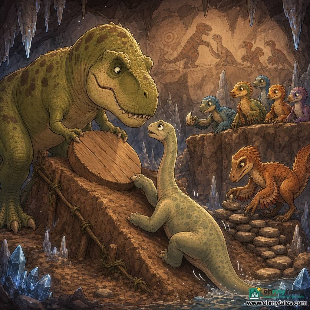 Bront, a gentle, determined Tyrannosaurus rex with olive-green scaly skin and brown spots, gently pushes a wooden disk to help Luma, a small, wide-eyed sauropod sliding down an earthen ramp, while Sira, a copper-feathered velociraptor with bright eyes, crouches on a rock arranging stones with nimble claws; colorful feathered juveniles offer a tiny fossil tooth from a nearby ledge as stalagmites and blue crystals softly reflect light in a vast wet cave decorated with ancient murals, the scene showing a calm, collaborative rescue with improvised ramps, braided vines, stacked stones, floating dust, warm tones and a tender comic-book style.