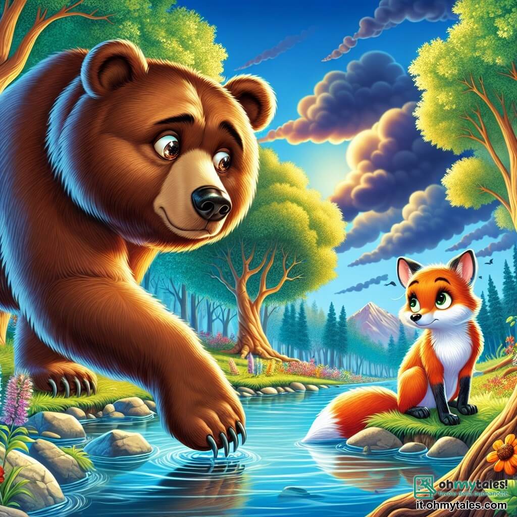 Un grande orso bruno, con un pelo morbido e occhi scintillanti di curiosità, si trova al bordo di un ruscello, guardando l'acqua con un'espressione preoccupata. Ha una zampa sollevata, come se stesse per toccare l'acqua torbida. Accanto a lui, una volpe astuta, con un pelo arancione brillante e una coda folta, osserva la scena con aria inquieta, le orecchie rizzate e gli occhi tondi. È seduta su una pietra, pronta ad avvicinarsi all'orso. Sullo sfondo, un grande albero con foglie verdi lussureggianti si erge, mentre fiori colorati bordano il ruscello. Il cielo è di un blu splendente, ma nuvole scure cominciano ad accumularsi all'orizzonte, simboleggiando il cambiamento climatico. La scena principale mostra l'orso e la volpe che si rendono conto che il ruscello, un tempo chiaro e blu, è diventato torbido, e si preparano a indagare su questo mistero insieme.