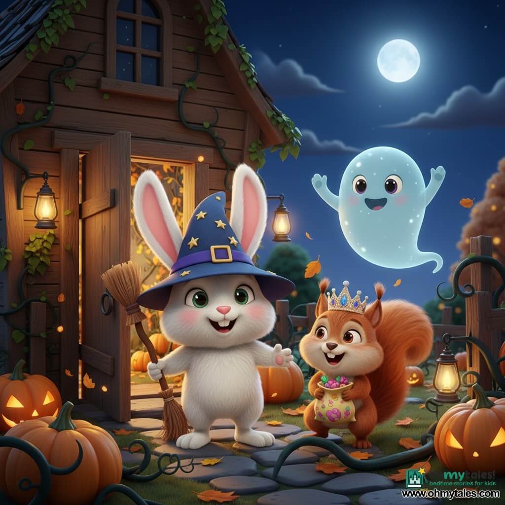A small anthropomorphic white fluffy rabbit (main character) with drooping ears, a dark blue wizard hat with gold stars and a miniature broom in its paw, joyful and brave expression, big bright eyes and a wide smile, stands foreground before an open wooden door; a small anthropomorphic red squirrel (secondary character) wearing a sparkling princess crown and holding a colorful candy bag, amazed and laughing, crouched to the rabbit's right; a friendly pale blue translucent ghost (secondary) with rounded shape, big round eyes and a kind smile floats near the entrance waving; scene set at an ivy-covered old wooden house with the door ajar, a cluttered garden of dark vines, glowing pumpkins on the ground, swirling orange and gold autumn leaves, oil lamps and string lanterns, a gentle full moon in a deep blue night sky; main action: the two friends step through the open door into a secret garden lit by pumpkins and fireflies, warm, magical, reassuring atmosphere with warm oranges and yellows against deep night blue.