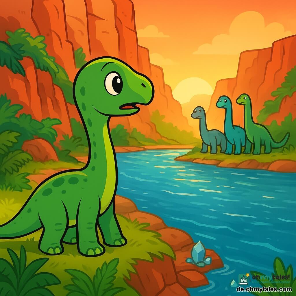 Ein junger Diplodocus namens Diplo, mit einem langen, eleganten Hals und einer leuchtend grünen Haut, steht am Ufer eines breiten, glitzernden Flusses. Seine großen, neugierigen Augen strahlen vor Aufregung und Entschlossenheit. Er blickt in die Ferne, wo seine Familie am anderen Ufer steht, Diplodocus in verschiedenen Grüntönen und Blau, alle mit besorgten, aber auch hoffnungsvollen Gesichtsausdrücken. Die Landschaft wird von majestätischen roten Klippen dominiert, durchzogen von üppigen Farnen und funkelnden Kristallen, die das Licht der untergehenden Sonne reflektieren. Diplo, bereit den Fluss zu überqueren, um seine Familie zu finden, zeigt eine mutige Haltung, mit seinem Körper leicht nach vorne geneigt, bereit ins Wasser zu tauchen.