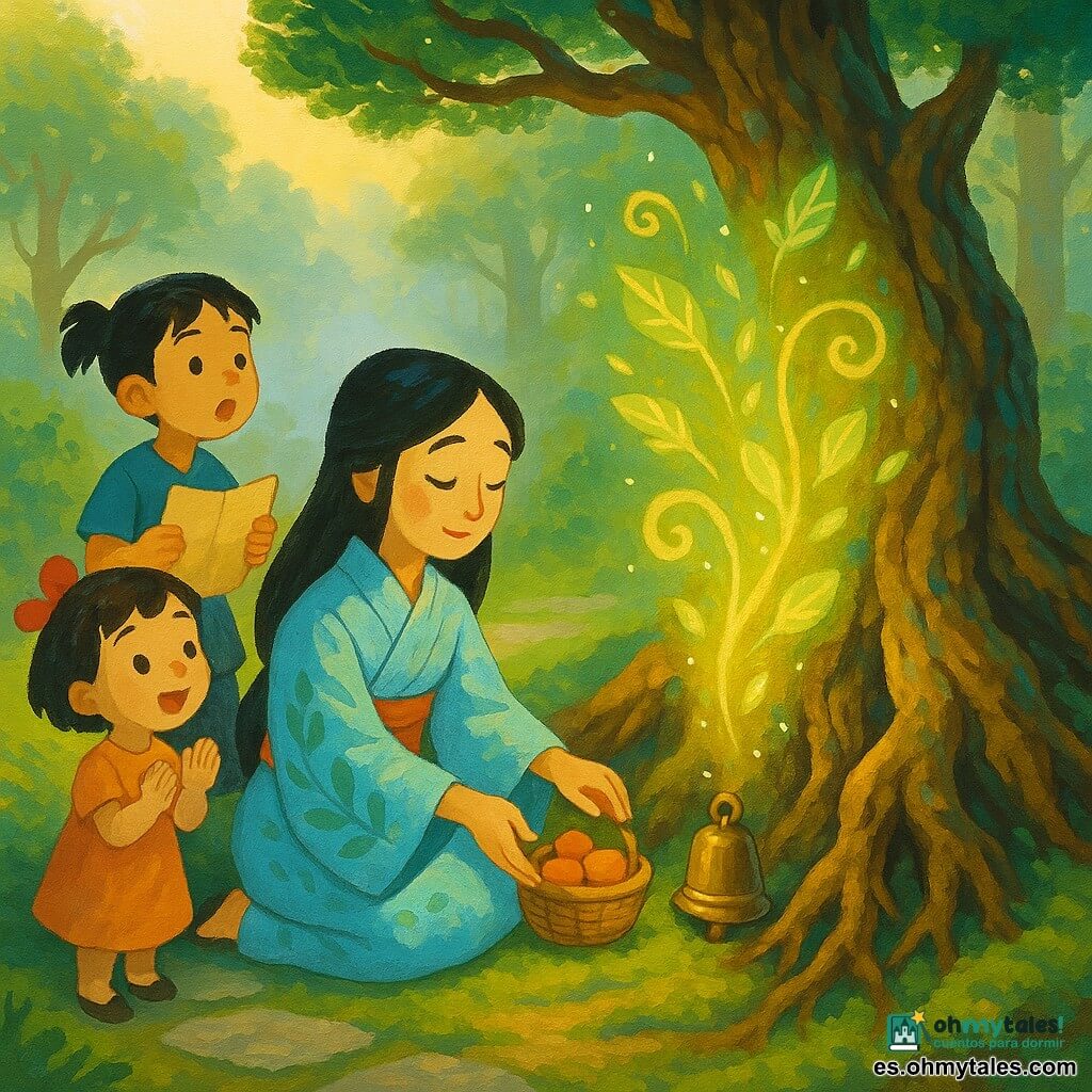 La figura central es Aiko, de rostro dulce y ojos brillantes, emocionada y serena, arrodillada ante un pino milenario con un kimono azul claro y dejando una pequeña cesta de frutas y una campanilla de bronce. A la izquierda, un niño de unos 8 años con coleta y un pergamino envejecido observa asombrado y una niña de unos 6, con cabello corto y lazo rojo, aplaude suavemente; del tronco surge el espíritu del bosque como una luz verde y dorada entre las raíces. El lugar es la base del gran pino con raíces nudosas y musgo, piedras con líquenes y rayos de sol dorado en bruma matinal; la escena transmite un momento de calma mágica y calidez.