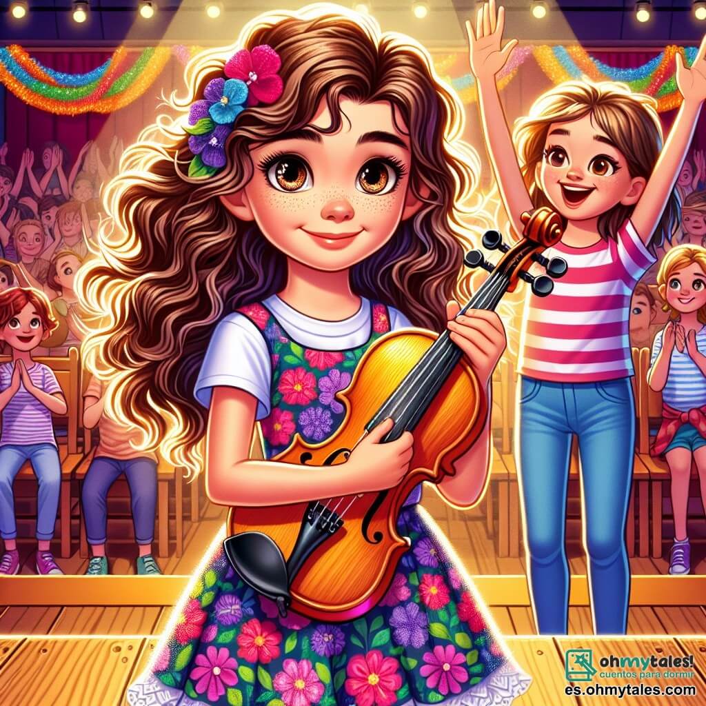 Una niña de 12 años, Lucía, está en un escenario de madera con su violín en la mano. Tiene el cabello largo y ondulado, ojos llenos de determinación y una sonrisa radiante. Lleva un vestido colorido con estampados florales, y su rostro refleja alegría y un poco de nerviosismo. A su lado, su mejor amiga Clara, también de 12 años, tiene el cabello corto y rubio, y lleva una camiseta a rayas. Clara la anima con una gran sonrisa y los brazos levantados en señal de apoyo. La escena transcurre en un auditorio luminoso, lleno de sillas de madera, con guirnaldas de colores brillantes colgadas del techo. El público, compuesto por niños y padres, aplaude con entusiasmo, creando una atmósfera cálida y alegre. Lucía, lista para tocar, cierra los ojos un instante para concentrarse, mientras los rayos de luz destacan su rostro y su violín. Es un momento de valentía y confianza en sí misma, donde se prepara para compartir su pasión por la música con el mundo.