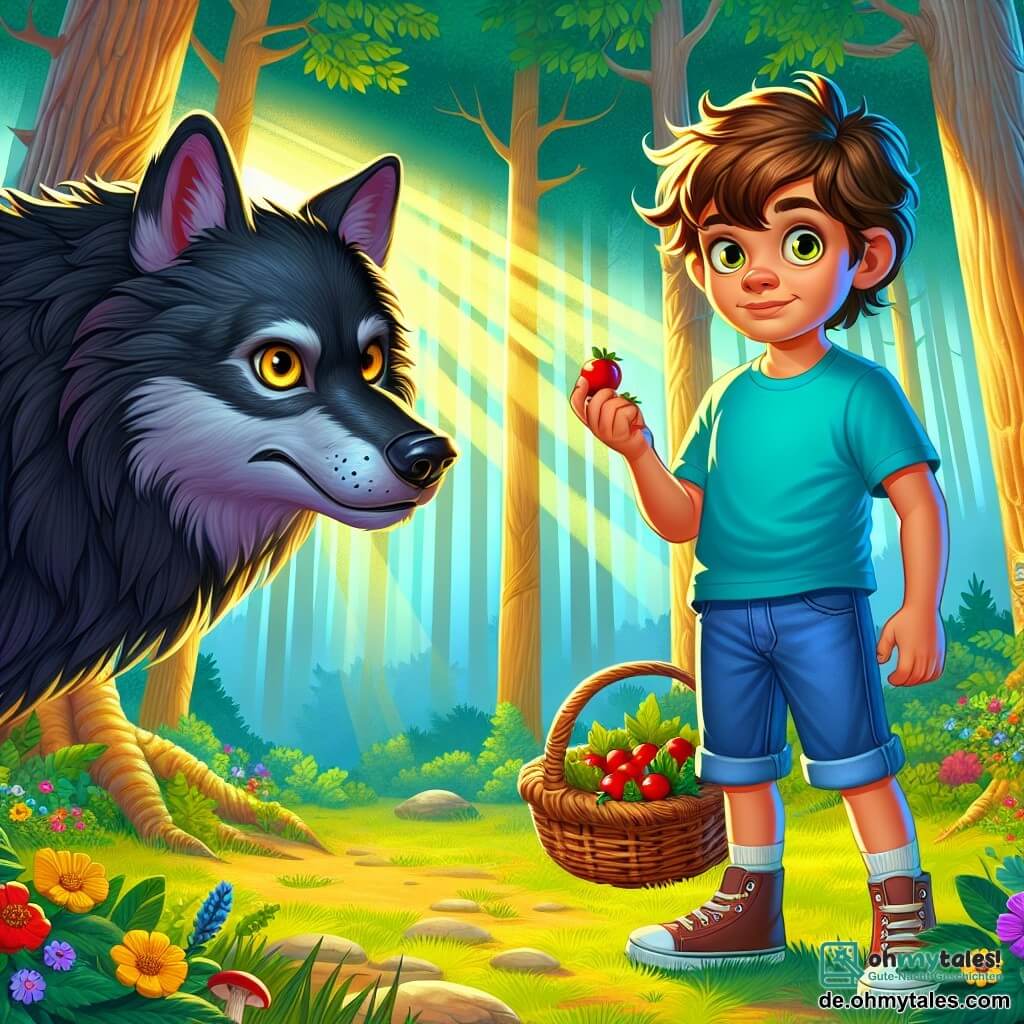Ein 10-jähriger Junge namens Emil steht mutig im Mittelpunkt der Szene. Er hat zerzauste braune Haare, neugierige, funkelnde Augen und ein entschlossenes Lächeln. Er trägt ein leuchtend blaues T-Shirt und eine Jeansshorts und hält einen kleinen Korb aus Weidenruten, gefüllt mit bunten Beeren. Einige Schritte entfernt steht der große böse Wolf, mit glänzendem schwarzem Fell, im Hintergrund, seine gelben Augen strahlen Intelligenz und Neugier aus. Der Wolf wirkt weniger bedrohlich, fast neugierig auf den Jungen. 

Die Kulisse ist ein dichter Wald mit großen, knorrigen Bäumen und grünen Blättern, durch die goldene Sonnenstrahlen scheinen. Bunte Wildblumen bedecken den Boden, und ein leichter Nebel schwebt zwischen den Bäumen, was eine mysteriöse Atmosphäre schafft. 

Die Hauptsituation zeigt Emil und den Wolf im Gespräch, mit spürbarer Spannung, aber auch einem Hauch von aufkeimender Freundschaft. Emil stellt dem Wolf herausfordernd eine Frage, während dieser, obwohl groß und imposant, neugierig und aufmerksam wirkt.