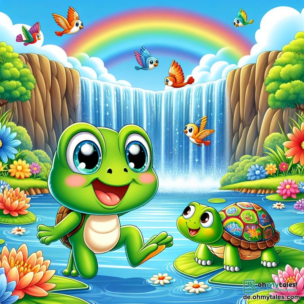 Eine kleine grüne Frosch mit großen, funkelnden Augen und einem breiten Lächeln hüpft fröhlich am Rand eines wunderschönen Teiches, umgeben von bunten Blumen und Seerosen. Neben ihr sitzt eine braune Schildkröte mit einem bunten, gemusterten Panzer und zeigt einen amüsierten und überraschten Gesichtsausdruck, während sie dem tanzenden Frosch zusieht. Im Hintergrund glitzert ein großer, majestätischer Wasserfall in der Sonne und erzeugt einen Regenbogen in der Luft, während bunte Vögel herumschwirren und der Szene einen Hauch von Magie verleihen. Der energiegeladene Frosch versucht, die Aufmerksamkeit der Schildkröte zu erregen, um sie zum Tanzen einzuladen, was eine fröhliche und verspielte Atmosphäre schafft.