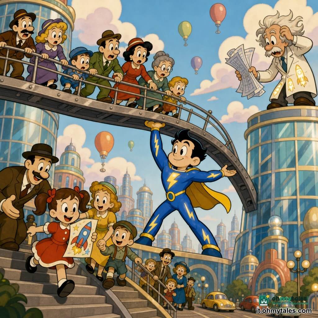 Giovane eroe, sguardo determinato e benevolo, costume blu brillante con fulmini dorati scintillanti e corta mantella che ondeggia, al centro di un ponte aereo metallico che si piega, braccio teso per sostenere la passerella mentre con l'altro guida la gente; uomo adulto (Professor Zeta, 50–60 anni), volto rugoso e capelli bianchi scompigliati, camice bianca macchiata di scie luminose, sul tetto di un grattacielo a destra con aria preoccupata e piani stropicciati in mano; bambina di 7 anni con codini e vestito rosso, occhi grandi e riconoscenti, tiene un disegno colorato e scende le scale all'imbocco del ponte aiutata da altri passanti; gruppo di passanti vari (adulti e bambini) con volti impauriti poi sollevati, abiti colorati, alcuni aggrappati alle balaustre mentre scendono verso la strada; ambientazione: grande città luminosa chiamata Solaria, due grattacieli di vetro collegati da un ponte inclinato, cielo pastello con nuvole soffici e palloncini, insegne luminose e edifici dalle forme arrotondate; scena tesa ma luminosa con forte contrasto tra il blu elettrico del costume e i toni caldi dei passanti.