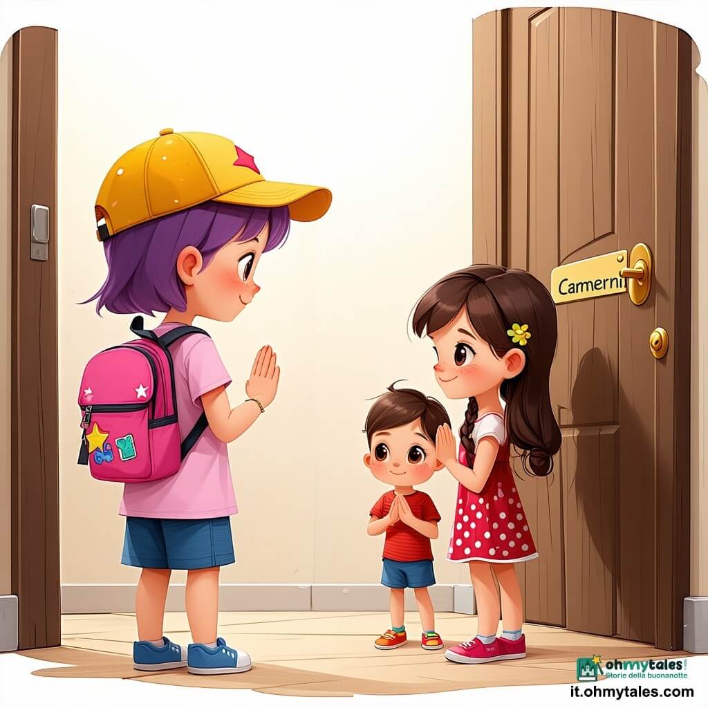 Ci sono quattro bambine di 5 anni: Lila, capelli corti viola con un piccolo cappellino giallo a forma di stella, al centro a sinistra con le mani giunte; Nora, capelli castani sciolti con uno zainetto rosa, dietro a sinistra mentre apre una porta con la scritta Camerini; Pina, due lunghe trecce rosse in vestito a pois rossi, a destra di Lila che indica una scala verso le gradinate; Mia, capelli biondi raccolti in una coda e stivaletti blu, in primo piano a destra che salta guardando un tintinnio su un carretto di oggetti. Luogo: un grande tendone a pois rossi e blu su una prateria al crepuscolo, lanterne sospese, pista centrale in legno lucido, gradinate bianche, ingresso con cartello Entrée e un piccolo carretto di accessori a destra. Situazione: le quattro amiche esplorano i retroscena del circo davanti a una grande tenda rossa socchiusa, illuminate da lanterne, con un clown sorridente che le invita a entrare.