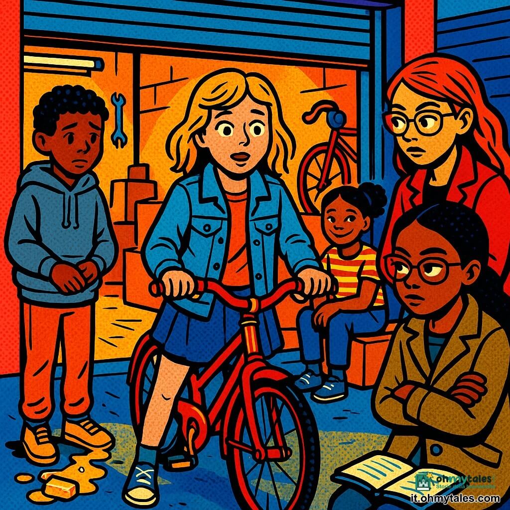 Ci sono 5 personaggi: Giulia, 11 anni, al centro con le mani sul manubrio di una bicicletta rossa, viso sorpreso e sollevato, guarda Leo; Leo, 9 anni, a sinistra davanti al garage, cappuccio grigio, mani tremanti, sguardo colpevole ma tenero, scarpe sporche; Nina, 11 anni, a destra, calma con le braccia incrociate e occhiali, osserva un taccuino a terra; Sara, 11 anni, dietro Giulia con un taccuino aperto e matita, atteggiamento da investigatrice curiosa; Amina, 11 anni, seduta su una cassa, sorridente e osservatrice. Luogo: garage aperto con porta metallica sollevata, luce gialla che attraversa la polvere, interno ingombro con casse, bici vecchia, attrezzi al muro, neon che lampeggia e pavimento di cemento con tracce di pneumatici e schizzi di sapone. Situazione: momento della scoperta della bicicletta rossa nel garage; Leo confessa abbassando lo sguardo mentre Giulia riprende la bici; atmosfera di emozioni incrociate (colpa, sollievo, curiosità) resa con colori saturi, contorni netti e campiture tipiche del pop art.