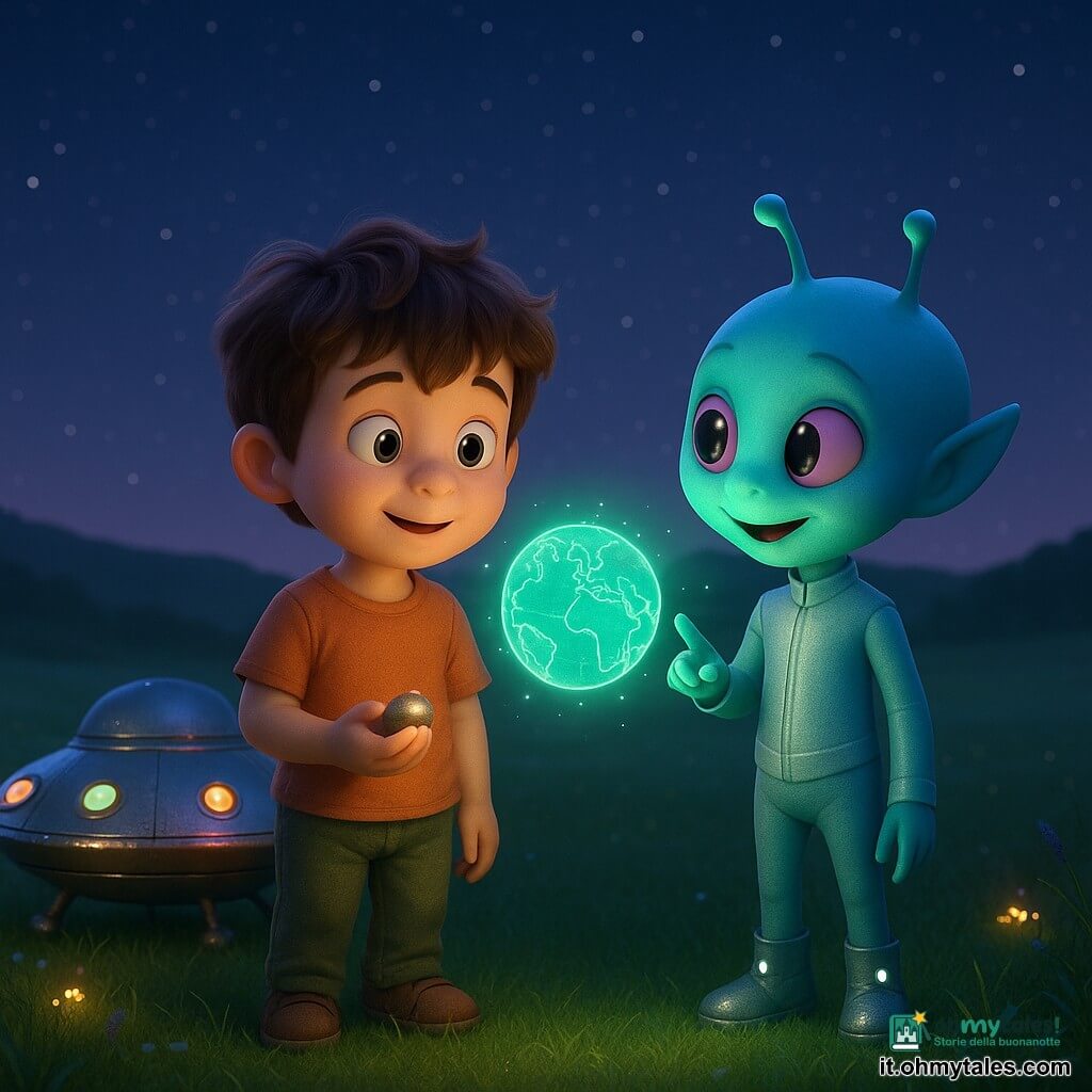 Un bambino di 6 anni, Tommaso, viso rotondo, capelli castani arruffati, occhi grandi e luminosi, espressione meravigliata e dolce, tiene una piccola pietra scintillante e guarda un'astronave posata sull'erba; un extraterrestre chiamato Zilli, di taglia simile, pelle azzurra, grandi occhi violacei, tuta argentata con piccole luci sulle scarpe, sorride gentilmente e indica una mappa luminosa fluttuante accanto all'astronave; il prato è una vasta distesa ondulata sotto un cielo stellato, erba verde scuro, poche fioriture selvatiche luminose e una leggera foschia al suolo; l'astronave è rotonda come un biscotto, metallo lucido e piccole finestre colorate; scena principale: incontro notturno tenero e magico — Tommaso e Zilli fianco a fianco davanti all'astronave, una luce verde/viola illumina i loro volti, atmosfera calma, calda e curiosa.