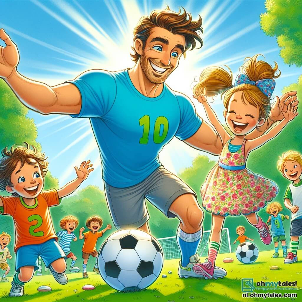 Max, een atletische man van in de dertig, draagt een felblauw T-shirt met nummer 10 en heeft een grote glimlach op zijn gezicht. Hij demonstreert een dribbeltechniek met een voetbal, zijn ogen sprankelend van enthousiasme. In de buurt kijkt Tim, een 10-jarig jongetje met wild bruin haar en een stralende glimlach, naar Max met bewondering, terwijl hij een bal onder zijn arm houdt. Een 9-jarig meisje in een mooie bloemenjurk met een grote strik in haar haar juicht van blijdschap met opgestoken armen voor een imaginaire goal. De scène speelt zich af op een groen voetbalveld in de zon, met bomen op de achtergrond en kinderen in felle kleuren die samen een vrolijke en dynamische sfeer creëren. De hoofdactiviteit toont Max die de kinderen leert dribbelen en de bal passen, terwijl ze samen plezier hebben en lachen, wat de teamgeest en het plezier van het spel belichaamt.