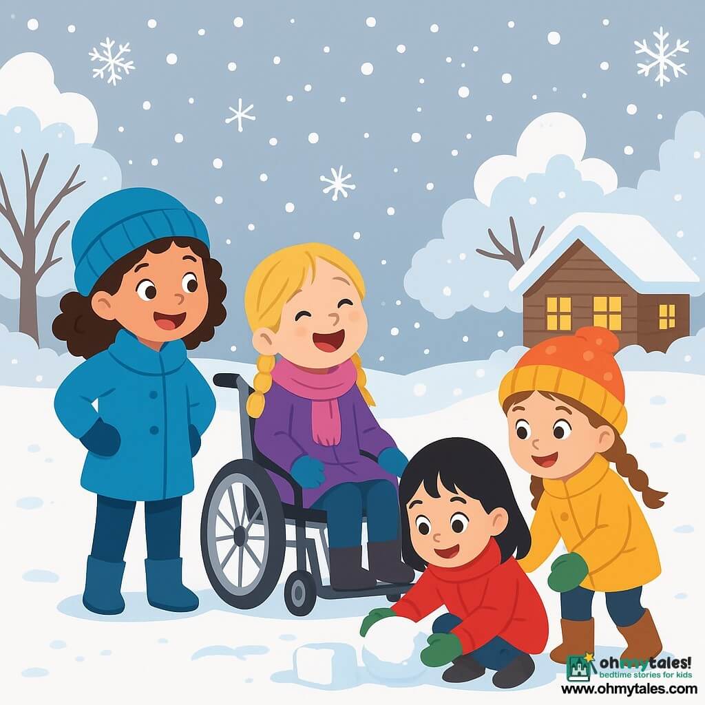 There are 4 children: Mia, a 6-year-old girl with curly brown hair, wearing a bright blue coat and a matching hat. She stands with her hands on her hips, smiling in wonder. Lena, a 7-year-old girl in a wheelchair with braided blonde hair, wears a pink scarf and a purple coat, joyfully watching the snowflakes fall. Emma, a 5-year-old girl with straight black hair, is crouched down in a red coat and green gloves, ready to make a snowball. Sophie, a 6-year-old girl with brown hair in braids, dressed in a yellow coat and polka dot hat, stands next to Mia holding a small plastic shovel. The setting is a snowy garden with trees covered in sparkling snow and a thick white blanket on the ground, as large snowflakes gently fall from the light gray sky. In the background, a small wooden house with illuminated windows adds warmth to the scene. The main activity shows the children building a small snow wall, laughing and having fun together. Mia and Sophie are stacking snow blocks while Emma prepares snowballs, and Lena encourages them with a big smile. The atmosphere is joyful and filled with winter magic.