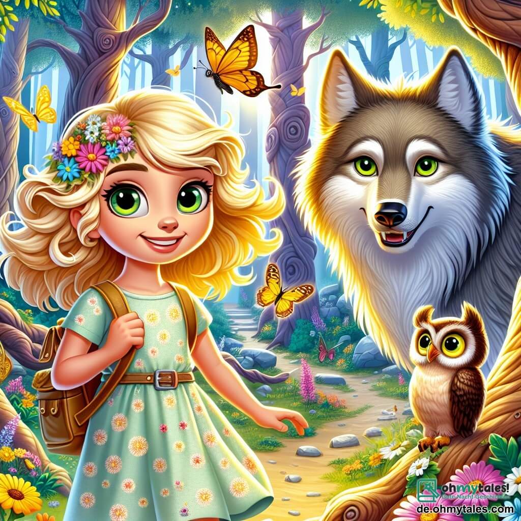 Ein 10-jähriges Mädchen, Mia, mit schwebendem goldenen Haar und neugierigen funkelnden Augen, steht mutig im Mittelpunkt der Szene, lächelnd und entschlossen. Sie trägt ein leichtes Blumenkleid und einen kleinen Rucksack. Neben ihr steht ein großer grauer Wolf mit leuchtend grünen Augen und einem freundlichen Ausdruck, leicht geneigt und bereit, seine Geschichten zu teilen. Im Hintergrund beobachtet eine alte Eule mit braunen Federn und weisen Augen, die auf einem Ast sitzt, die Szene mit Interesse. Der Schauplatz ist eine verzauberte Lichtung, umgeben von großen knorrigen Bäumen und üppigem Laub, getaucht in das goldene Licht der untergehenden Sonne. Die Hauptsituation zeigt Mia und den Wolf, die fröhlich diskutieren, während bunte Blumen und Schmetterlinge um sie herumtanzen und eine magische und einladende Atmosphäre schaffen.