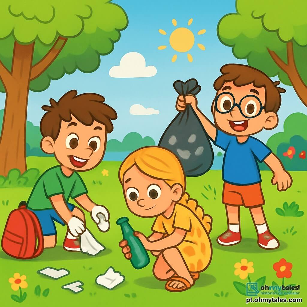 Há 3 personagens: Léo, um garoto de 8 anos com cabelo castanho bagunçado e um grande sorriso, vestindo uma camiseta verde e um short azul, está pegando um pedaço de plástico com uma mochila vermelha ao lado. Bia, uma menina de 7 anos com longos cabelos loiros trançados, usa um vestido amarelo com flores e sandálias, agachada, segurando uma garrafa de vidro que encontrou, com uma expressão determinada. Tom, um garoto de 8 anos com óculos e cabelo castanho, veste uma camiseta azul e um short, está em pé mostrando uma sacola cheia de lixo para seus amigos, sorrindo. A cena acontece em um parque verdejante, cheio de árvores majestosas, flores coloridas e um céu azul radiante. Os três amigos estão animadamente limpando o parque, recolhendo lixo e transformando o ambiente de sujo para limpo e acolhedor, onde a natureza pode prosperar.