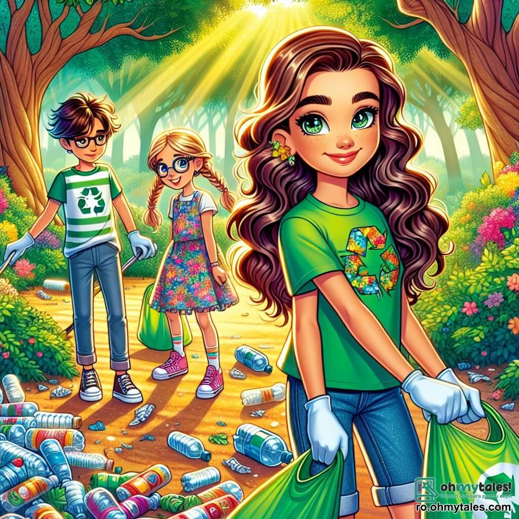 O fată de 12 ani, pe nume Ana, stă în centrul imaginii, cu un zâmbet larg, plin de entuziasm. Are părul ondulat, de un brun strălucitor, și poartă un tricou verde aprins cu un model de frunză, împreună cu o pereche de pantaloni scurți din denim. Ochii ei strălucesc de determinare în timp ce ține un sac de reciclare plin cu sticle de plastic. Lângă ea, Maria, o altă fată de 12 ani, cu părul blond împletit, o privește cu admirație pe Ana. Ea poartă o rochie colorată cu flori și ține un panou din carton pe care scrie "Protejăm planeta noastră!" Radu, un băiat de 12 ani, cu părul șaten și ochelari, este ușor retras, adunând deșeuri cu o pereche de mănuși, având o expresie concentrată pe față. Scena se desfășoară într-un parc verde, plin de copaci măreți cu frunze strălucitoare și flori colorate. Solul este presărat cu câteva deșeuri, dar lumina soarelui filtrează prin ramuri, creând o atmosferă caldă și primitoare. Ana, Maria și Radu sunt în plină acțiune, motivați și uniți, pregătiți să curețe parc și să conștientizeze pe alții despre importanța ecologiei. Imaginea emană o atmosferă veselă și captivantă, ilustrând determinarea lor de a face o diferență.
