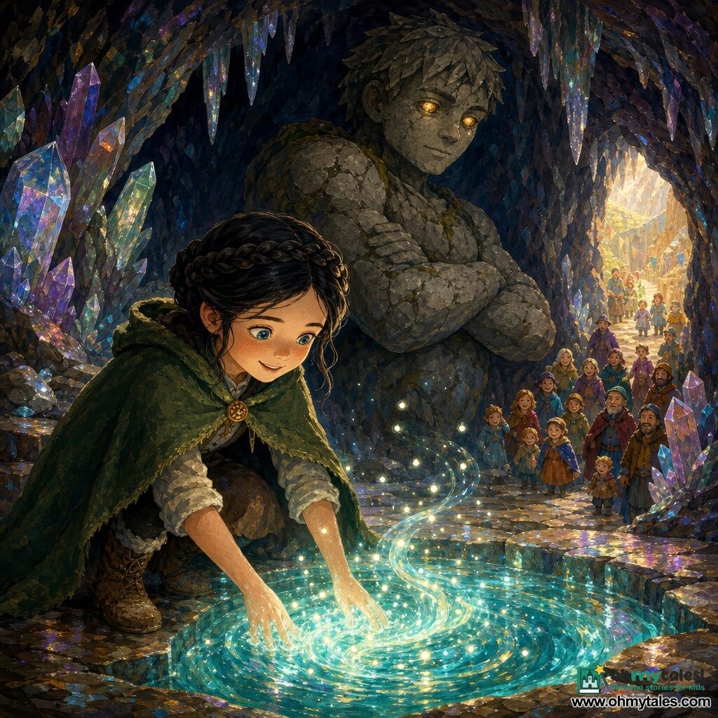 A young woman with braided black hair and ocean-colored eyes kneels in a green wool cloak and muddy boots, plunging her hands into a glowing spring in a crystalline mountain cave; behind her stands a massive ancient stone giant with cracked rock texture and soft amber eyes, guarding the entrance; villagers in colorful country clothes gather down the path ready to celebrate; iridescent crystals, rainbow reflections, delicate stalactites and a polished stone floor surround a blue-green glowing pool; the scene centers on the spring with sparkling, swirling water and will-o'-wisp lights, a warm mysterious atmosphere and strong contrasts between rock shadows and the spring's light.