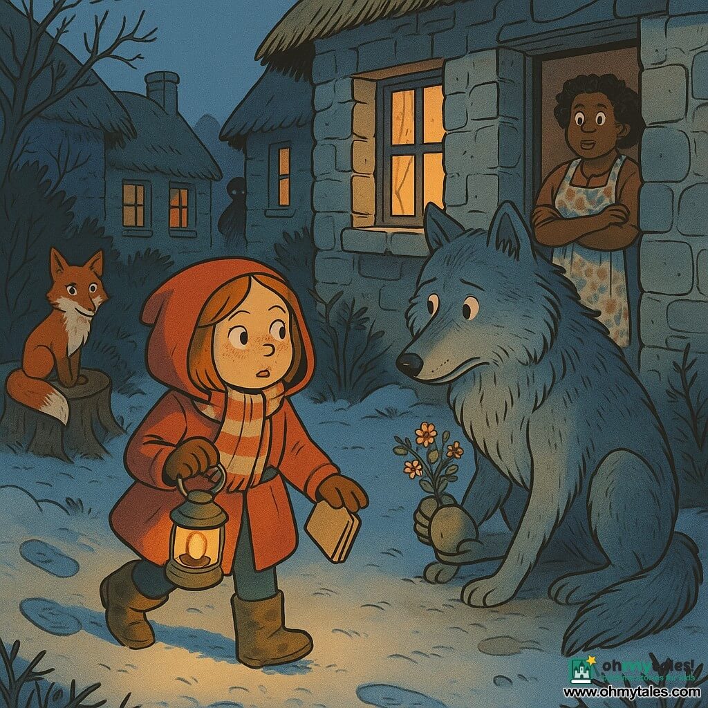 An 8-year-old girl with a round freckled face, bright curious eyes and a gentle determined expression wears a red hooded coat, a striped scarf and muddy boots; she holds a small tarnished metal lantern and a sketchbook, walking slowly toward a large grey-blue wolf with thick textured fur, tired but kind eyes and a humble crouched posture, who sits by the curtainless doorway of a cottage holding a small stone and a bouquet of flowers; Ms. Alder, a human woman of about 50 in a floral dress and apron, stands slightly behind to the right at the neighbor's door with crossed arms but a surprised, softened face; a red fox perches on a stump to the left, ears pricked and mischievous; the scene is a winter village lane between stone houses with thatched roofs, one bare window, frosty ground with wide footprints, warm oil lamps, thorny trees and a dark copse in the background, twilight mood, warm lantern and window contrasts against bluish snow, medium-shot composition, clear style with clean lines, saturated colors and reassuring, readable expressions.