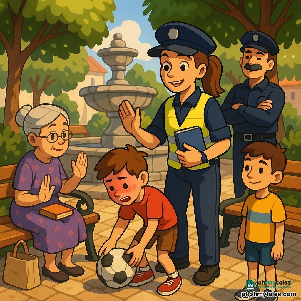 Lia, policial sorridente e afável, cabelo castanho preso em rabo de cavalo, colete refletor amarelo, joelho ligeiramente flexionado, estende a mão para acalmar uma disputa segurando um caderno azul; Duarte, homem adulto, bigodudo, uniforme escuro, em pé à direita com sorriso aprovador e braços cruzados; dois rapazes de ~11 anos, um com o rosto vermelho de embaraço e outro calmo, em roupas descontraídas e camisetas coloridas, um apanha suavemente uma bola de futebol junto ao banco; Dona Celeste, idosa de ~75 anos, cabelo grisalho em coque, vestido florido, sentada no banco à esquerda com um livro fechado e gesto de mão tranquilizador; local: pequena praça calçada com fonte de pedra no centro, bancos de madeira envernizados, árvores de folhas verdes, sombra moteada no chão e uma sacola de lona junto ao banco; situação: a bola rolou contra o banco havendo ligeira tensão entre as crianças e a idosa, Lia intervém propondo um acordo, luz suave de fim de tarde, cores quentes e contrastes nítidos, expressões claras e gestos apaziguadores.