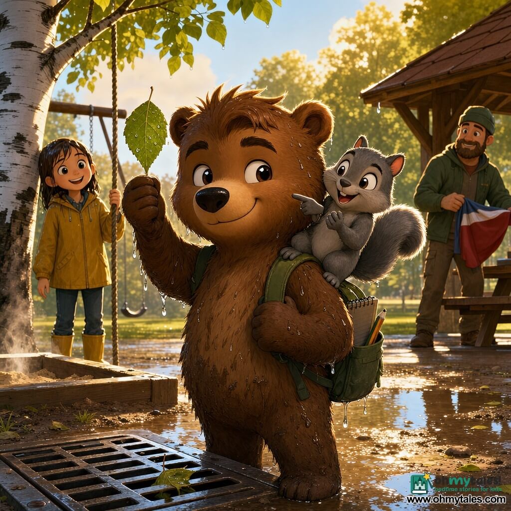 A young anthropomorphic brown bear named Bram with slightly tousled fur, round mischievous eyes, wet and mud-speckled, proudly holds a birch leaf in his right paw; he wears a small green backpack with an open notebook and a pencil sticking out, wearing a relieved, confident expression. A glossy gray squirrel named Zip with a big bushy tail perches on Bram's shoulder, grinning and pointing at the leaf as if applauding. In the background a smiling girl with wet hair and a yellow jacket holds a flag rope and looks toward Bram while an adult folds a flag near a picnic shelter; they stand a few steps away, grateful. The setting is a park edge after rain: muddy ground with reflective puddles, a white-barked birch streaked with black, dripping swings, a still-steaming sandbox, and a shiny metal storm grate with a leaf stuck under it. The main moment is a quiet victory—Bram has just retrieved the leaf from the drain, triumphant but gentle, water droplets beading on the leaf, golden light filtering after the shower, close-up compositions emphasizing emotion and details (droplets, fur texture, leaf veins).