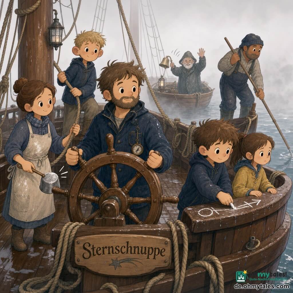 Mann, Kapitän Jannis, kurzer Bart, zerzauste braune Haare, konzentrierter aber beruhigender Ausdruck, hält ein großes poliertes Steuerrad, marineblaue zerknitterte Jacke, abgenutzter Kompass an der Tasche, steht mittig auf dem Deck; Frau, Milla die Köchin, braune Haare im Dutt, mehlbestäubte Schürze, sanftes wachsames Lächeln, schlägt mit einem kleinen Metalldeckel neben dem Mast einen Ton an, backbord beim Kapitän; Junge, Leif, ca. 14, blonde Haare, Sommersprossen, staunender Blick, hält am Heck ein langes Seil; Junge, Fenn, ca. 10, kurze braune Haare, zeichnet mit weißer Kreide Pfeile an der rechten Reling; Mädchen, Fia, ca. 10, Pferdeschwanz, etwas besorgt aber mutig, blickt vorn neben ihrem Bruder; Mann, Taro der Bootsmann, kräftig, sonnengebräunt, sondiert mit langer Stange am Bug; älterer Mann, Onkel Riek, ~65, abgenutzte Fischerjacke, nasser Hut, taucht im Nebel hinter einem kleinen Kahn mit einer klingelnden silbernen Glocke auf und hebt die Hand zum Gruß; Ort: verwittertes Holzdeck der »Sternschnuppe«, dicke Taue, hohe Masten, Wassertropfen auf den Planken, Kreide an der Reling, perlgrauer Nebelhimmel, Szene: großes Segelschiff fährt langsam durch dichten Nebel, Begegnung mit einem verlassenen Kahn mit klingelnder Glocke, feuchte Stimmung, sanfte Spannung, diffuse Lichtstimmung, pastellige Farben, runde Formen, klare kindgerechte Komposition.