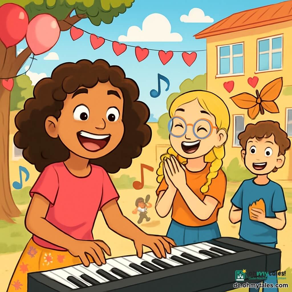 Ein 12-jähriges Mädchen, Mila, mit braunen, lockigen Haaren und einem strahlenden Lächeln voller Aufregung, spielt auf einem Klavier in einem sonnigen Schulhof. Sie trägt ein leuchtend pinkes T-Shirt und einen Blumenrock, während Musiknoten um sie herum schweben und eine fröhliche Atmosphäre schaffen. Neben ihr applaudiert ihre beste Freundin Jule, ebenfalls 12 Jahre alt, mit geflochtenen blonden Haaren und bunten Brillen, ihre Augen funkeln vor Freude. Ein Stück weiter steht Lukas, ein 12-jähriger Junge mit zerzausten braunen Haaren, mit einem breiten Lächeln und einem selbstgemachten Papier-Schmetterling, bereit, ihn in die Luft zu werfen. Die Szene spielt sich in einem lebhaften Schulhof ab, geschmückt mit rosa Ballons und Papierherzgirlanden, während andere Kinder um sie herum lachen und Spaß haben. Mila, mutig, spielt eine schöne Melodie zur Feier der Freundschaft, umgeben von ihren Freunden, die aufmerksam zuhören und einen magischen Moment des Teilens und der Freude zum Valentinstag schaffen.