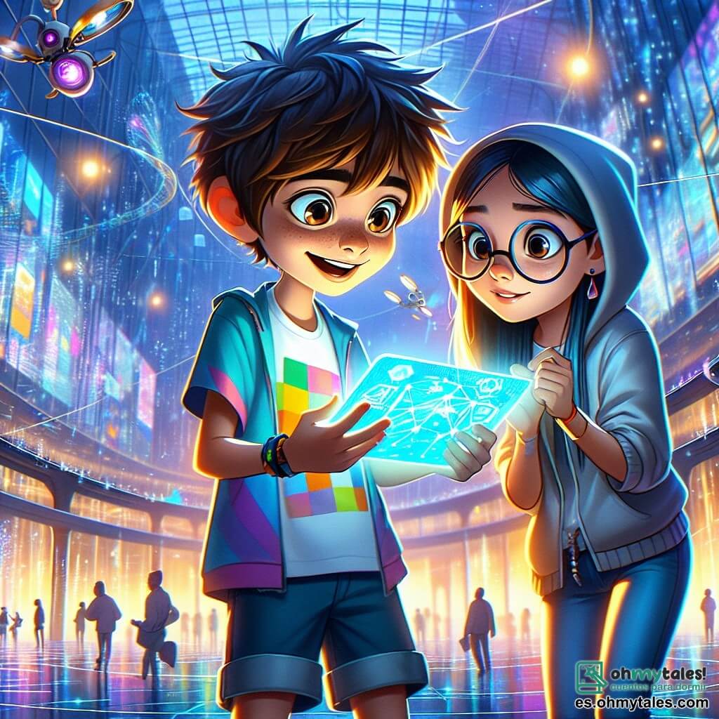 Un chico de 12 años, llamado Íñigo, se encuentra en el centro de la escena, con cabello castaño desordenado y ojos brillantes de curiosidad. Lleva una camiseta colorida y un pantalón corto, sosteniendo una tableta luminosa en sus manos, su rostro expresa tanto emoción como asombro. A su lado, su mejor amiga Lucía, una niña de 12 años con cabello largo y liso, usa gafas redondas y una sudadera con capucha, observando atentamente la pantalla de la tableta, con una sonrisa cómplice en el rostro. La escena se desarrolla en el Centro de Innovación de Neotrópolis, un enorme edificio futurista con fachadas de vidrio brillante, rodeado de drones flotantes y paneles holográficos coloridos que proyectan información en el aire. Luces brillantes iluminan el entorno, creando una atmósfera dinámica y tecnológica. Íñigo y Lucía están descubriendo un secreto oculto sobre el Proyecto Horizon, con los ojos fijos en la tableta que muestra imágenes misteriosas y datos intrigantes. La emoción de la aventura se refleja en sus rostros mientras se preparan para sumergirse en un mundo de descubrimientos y misterios.