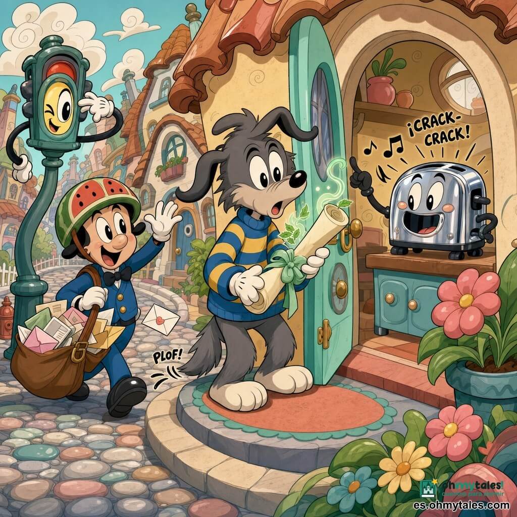 Personaje principal: Lupo, un pequeño lobo antropomórfico infantil de pelaje gris suave, ojos redondos brillantes, orejas caídas, suéter a rayas azul y amarillo, expresión maravillada y algo confusa, sosteniendo una enorme carta enrollada que huele a menta, de pie en el umbral con la cola caída; secundarios: una tostadora cromada antropomórfica en la encimera con ranuras como boca sonriente y pequeñas notas musicales, que suelta “¡crack-crack!” a la derecha, un cartero con casco en forma de rodaja de sandía y bolso rebosante en la calle visible tras la puerta, y un semáforo antropomórfico con un ojo parpadeante guiñando complice en un poste a la izquierda; lugar: calle de barrio exagerada y colorida con casas inclinadas de tejados caramelo, adoquines brillantes, flores gigantes y nubes en bucles, paleta pastel con toques menta y coral; situación: Lupo acaba de encontrar una carta oficial enorme que anuncia el “Día de las Tres Cosas Imposibles”, ambiente absurdo y jovial con objetos parlantes y vecinos extraños, composición dinámica en estilo cartoon retro fluido y elástico.