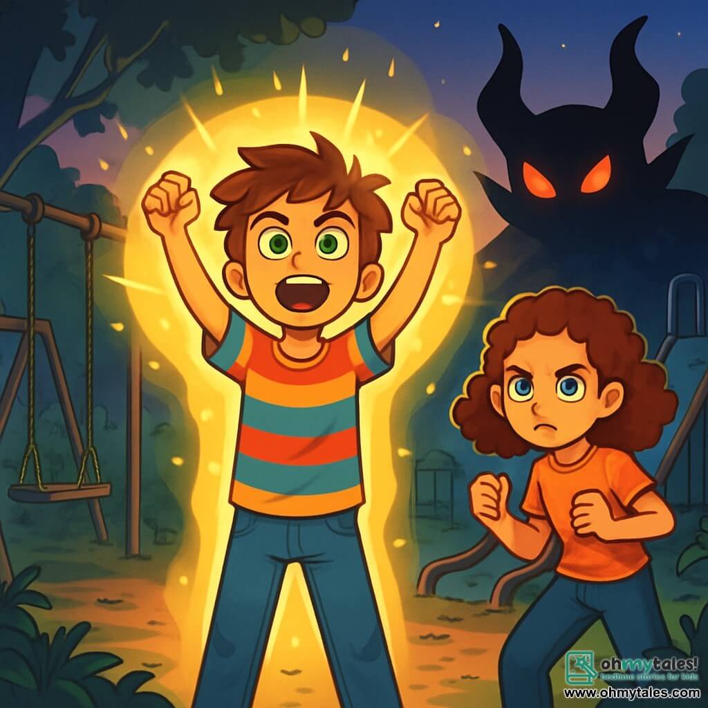A 12-year-old boy, Felix, with messy brown hair and sparkling green eyes, stands in the center of the image with his arms raised, surrounded by a bright magical glow. He wears a colorful striped t-shirt and worn jeans, showing a determined and brave expression. Next to him is Clara, a 12-year-old girl with curly hair and bright blue eyes, standing ready with clenched fists and a focused look, prepared to help him. In the background, an old abandoned playground with rusty swings and ivy-covered slides is bathed in twilight light, creating a mysterious atmosphere. The scene depicts the moment when Felix and Clara confront a menacing Maleficent, a shadowy creature with glowing red eyes emerging from the darkness, while a brilliant light emanates from Felix, symbolizing their courage in the face of adversity.