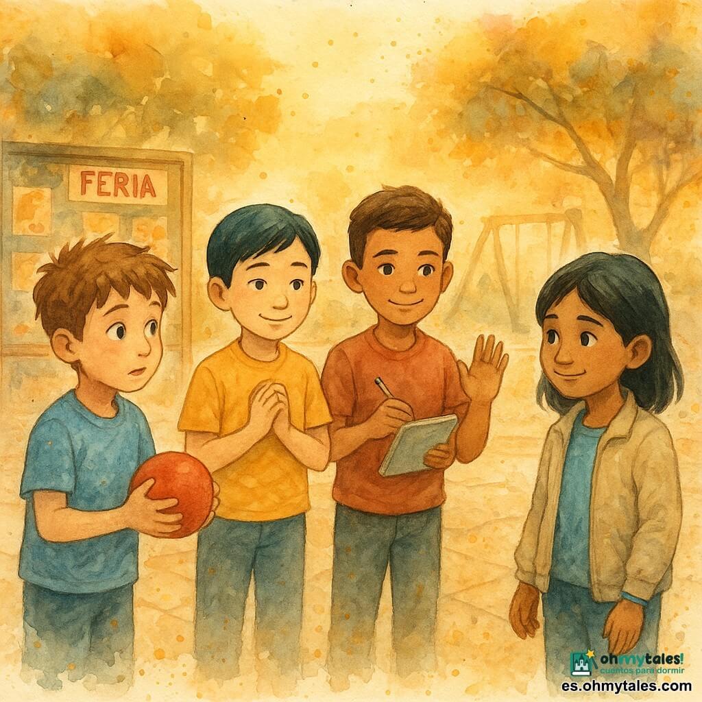 Hay cinco niños: Nico, niño de ~8 años, piel clara, cabello castaño despeinado, a la izquierda con una pelota blanda; Leo, niño de ~8 años, de origen asiático, piel clara, cabello negro liso, centro-izquierda, manos juntas y sonrisa pensativa; Tomás, niño de ~8 años, latino, piel bronceada, cabello corto, centro-derecha con un cuaderno y lápiz, atento; Bruno, niño de ~8 años, piel oscura, cabello rizado corto, a la derecha riendo y levantando la mano; Samira, niña de ~8 años, piel oliva, cabello negro medio, algo atrás en el centro con chaqueta clara y pulsera azul, sonriente y tímida. Ambientación: patio de escuela al crepúsculo con suelo de losas cálidas, cartelera de la Feria y árboles al fondo. Situación: los cuatro chicos invitan a Samira a jugar a pasar la pelota, gesto de inclusión y ambiente cálido y tranquilo con tonos suaves.