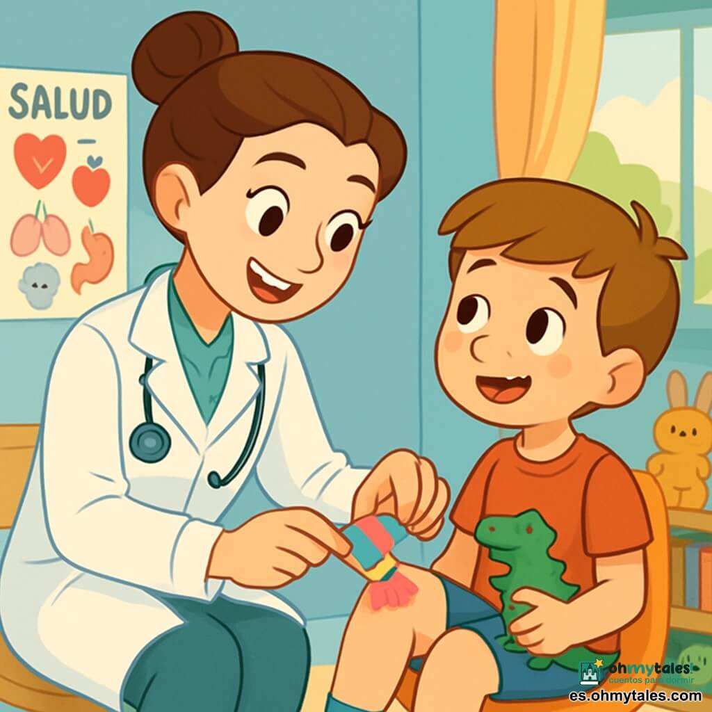 La doctora Alba es una mujer sonriente, con el cabello castaño recogido en un moño, que lleva una bata blanca impecable. Sus ojos brillantes expresan dulzura y determinación mientras examina a un niño pequeño. Tomás, un niño de 7 años, tiene las rodillas raspadas y una mirada preocupada, pero comienza a sonreír al ver a la doctora. Está sentado en una silla, sosteniendo un pequeño juguete en forma de dinosaurio. El decorado es un consultorio médico acogedor, con paredes pintadas de azul claro, carteles coloridos sobre la salud y un rincón de juegos lleno de peluches y libros. La luz suave entra por una ventana, creando una atmósfera cálida y tranquilizadora. La situación principal muestra a la doctora Alba curando la herida de Tomás con un vendaje colorido, mientras le explica con entusiasmo cómo cuidarse. Ambos comparten un momento de complicidad, ilustrando la importancia de la confianza y el cuidado.