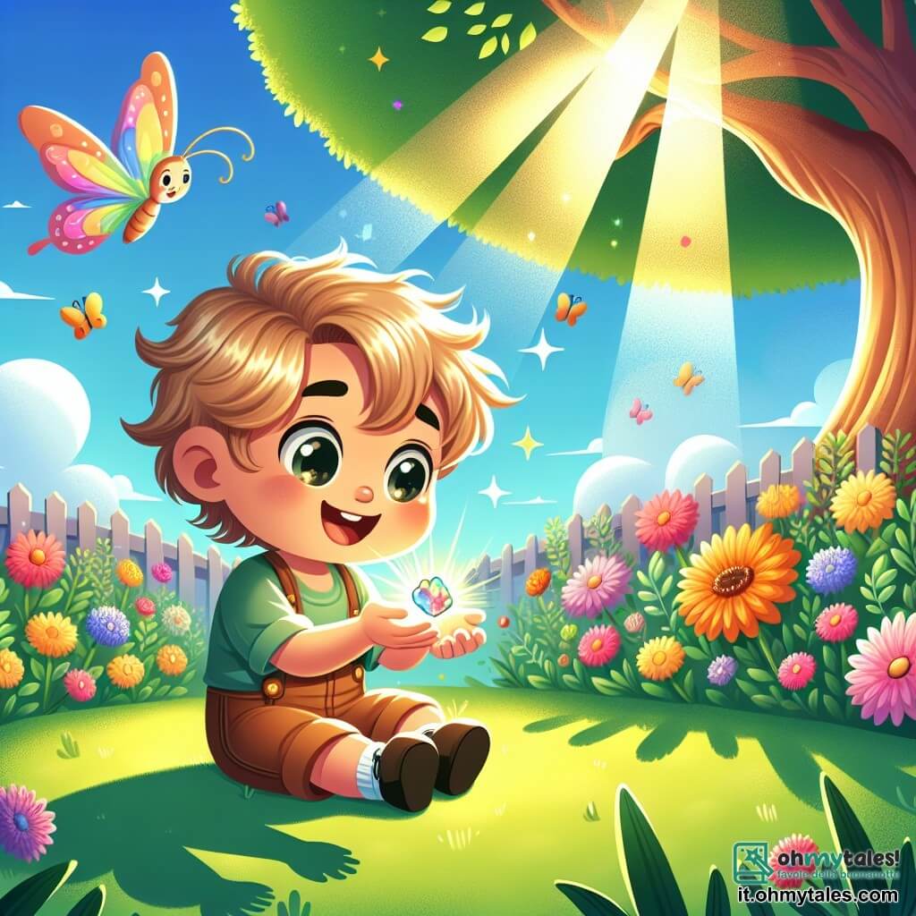 Un bambino di un anno, Leo, con i capelli biondi in disordine e occhi scintillanti di curiosità, è seduto sull'erba verde del giardino. Ha un grande sorriso sul volto, meravigliato da una piccola pietra luminosa che tiene tra le mani. Accanto a lui, una farfalla colorata, con ali multicolori, vola gioiosamente attorno a Leo, aggiungendo un tocco di magia alla scena. Il giardino è pieno di fiori brillanti di tutti i colori, con un grande albero maestoso sullo sfondo, i cui rami si estendono come braccia accoglienti. I raggi di sole filtrano tra le foglie, creando ombre danzanti sul terreno. La scena principale mostra Leo che scopre la pietra magica, affascinato dalla sua luce, mentre la farfalla lo incoraggia a esplorare la verità e l'amicizia nel suo giardino incantato.