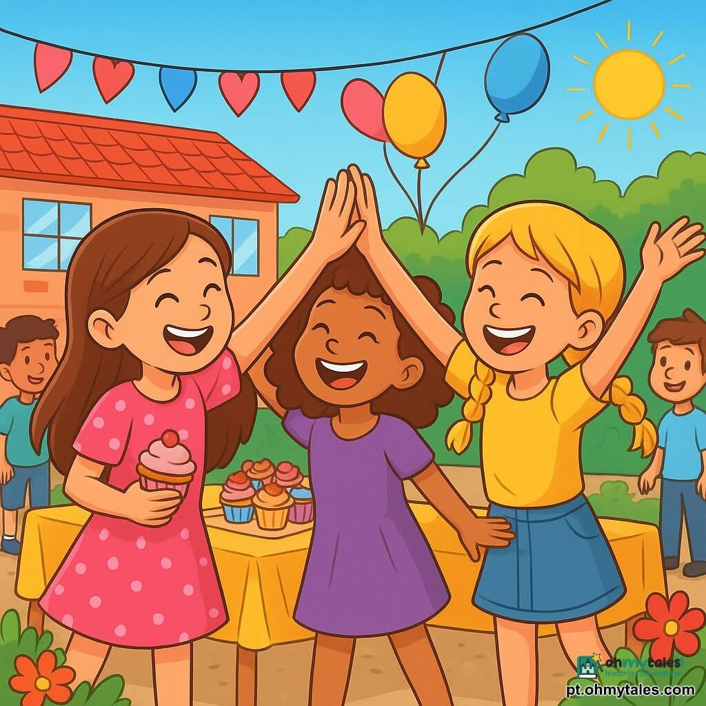 Há 3 personagens: - Clara: uma menina de 8 anos com longos cabelos castanhos, vestindo um vestido rosa com bolinhas brancas. Ela sorri alegremente, segurando um cupcake em uma mão e levantando a outra para mostrar o novo gesto de amizade. - Joana: uma menina de 8 anos com cabelos loiros em tranças, vestindo uma camiseta amarela e uma saia de denim. Ela dança entusiasticamente, com os braços no ar, pronta para fazer o gesto secreto. - Sofia: uma menina de 8 anos com cabelos cacheados castanhos, vestindo um vestido roxo. Ela está no centro, rindo e cercada por suas amigas, pronta para se juntar ao gesto de amizade. O local é o pátio da escola Vila Alegre, decorado com guirlandas de corações de papel, balões coloridos e flores vibrantes. As crianças brincam ao redor de uma grande mesa cheia de deliciosos cupcakes e doces, enquanto raios de sol iluminam a cena alegre. A situação principal mostra as três amigas fazendo seu gesto de amizade, um movimento das mãos seguido de um grande abraço. Elas riem juntas, cercadas por outras crianças que as observam com sorrisos admirados, criando uma atmosfera de felicidade e camaradagem.