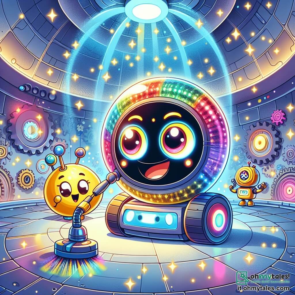 Un robot aspirapolvere gioioso, con un corpo rotondo e colorato, occhi luminosi e un sorriso splendente, sta ballando con entusiasmo al centro di una stanza futuristica piena di ingranaggi e luci scintillanti. Accanto a lui, una lampada intelligente, con un volto amichevole e un bagliore caldo, lampeggia di gioia applaudendo, aggiungendo un tocco di magia alla scena. Sullo sfondo, un piccolo robot giallo, simile a un giocattolo, osserva con ammirazione, gli occhi brillanti di eccitazione, mentre tiene un attrezzo a forma di chiave. Il luogo è una sala futuristica, con muri in vetro trasparente, dove luci colorate danzano sulle superfici lucide, e una grande sfera di energia luminosa fluttua al centro, emettendo bagliori di luce che illuminano tutta la stanza. La situazione principale mostra il robot aspirapolvere e la lampada che cantano e ballano attorno alla sfera di energia, cercando di infonderle energia positiva per farla brillare e salvare la loro città.