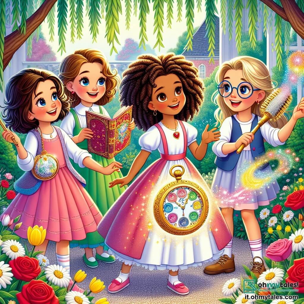 In un giardino fiorito, quattro ragazze di nove anni si tengono insieme, raggiante di gioia. Allegra, con i suoi capelli ricci e il sorriso splendente, è al centro, mentre tiene un piumino magico scintillante. Alla sua destra, Marta, con gli occhi brillanti e i capelli biondi, guarda con meraviglia un grande libro di magia. A sinistra, Viola, con i capelli lisci e castani, tiene un orologio che gira al contrario, mostrando ore colorate. Infine, Camilla, con i capelli castani e occhiali rotondi, sorride mentre tiene una spazzola per capelli che danza nell'aria. Il giardino è un vero e proprio quadro di colori vivaci, con rose rosse, margherite bianche e tulipani gialli che danzano nella brezza. Un grande salice piangente, con i rami pendenti, offre un'ombra dolce, mentre un sentiero di ghiaia si snoda tra i fiori. Le quattro amiche stanno preparando una sorpresa magica per la festa della mamma, utilizzando oggetti incantati per rendere felici le loro mamme. L'atmosfera è piena di risate e magia, mentre scambiano idee e sorrisi complici, pronte a rendere questa giornata indimenticabile.