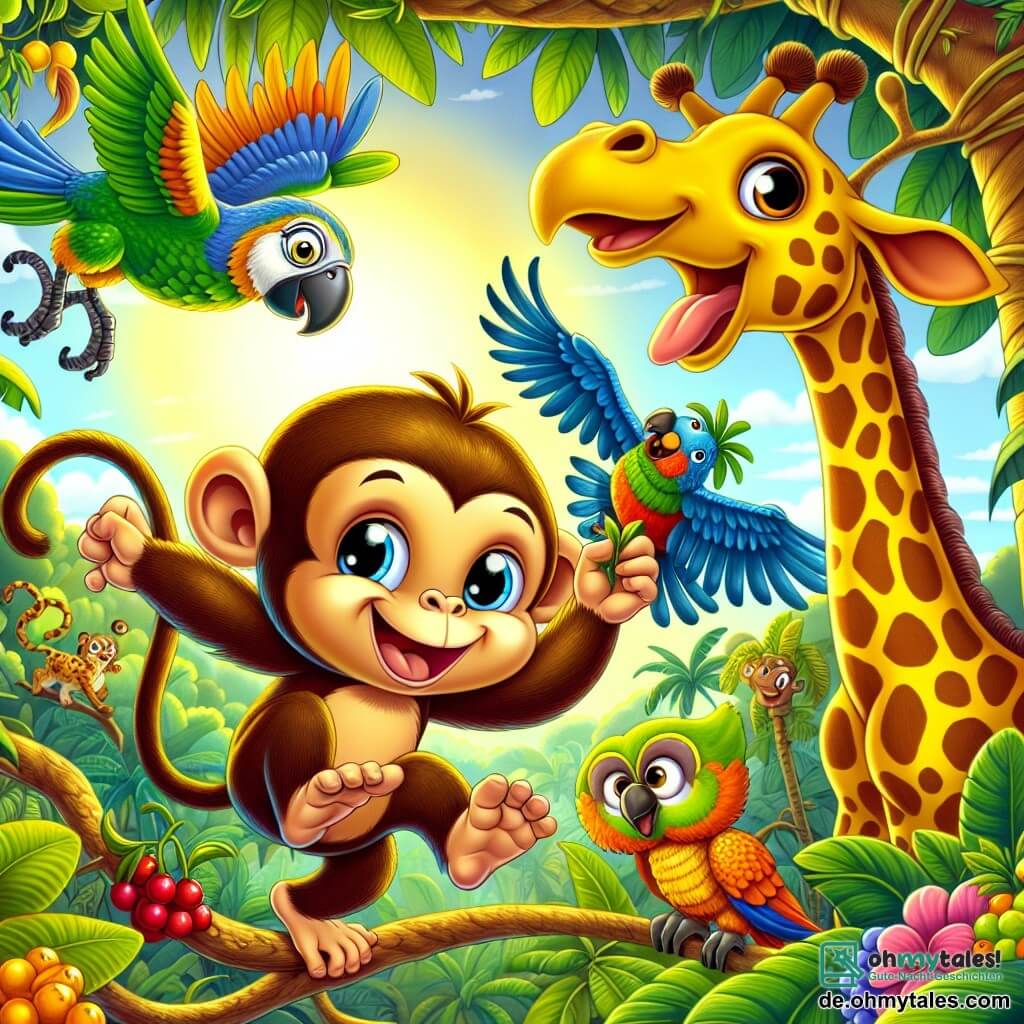 Ein fröhlicher Affe namens Max mit braunem Fell und funkelnden Augen springt von Ast zu Ast in einem tropischen Baum, mit einem großen Lächeln im Gesicht. Neben ihm versucht eine Giraffe mit langem Hals, goldenen Flecken und einem amüsierten Blick, eine große blaue Beere zu fangen, die von einem Ast hängt. Ein bunter Papagei mit roten, gelben und grünen Federn fliegt fröhlich um sie herum, während eine weise Eule mit braunen Federn und großen runden Augen sie neugierig von einem oberen Ast beobachtet. Die Szenerie ist ein Gewölbe aus üppigem Laub mit leuchtenden Blumen und bunten Früchten, durchflutet von goldenem Sonnenlicht, das durch die Blätter filtert. Die Szene zeigt Max und seine Freunde auf der Jagd nach der Beere, lachend und sich amüsiert, und schafft eine Atmosphäre von Freude und Abenteuer im Dschungel.