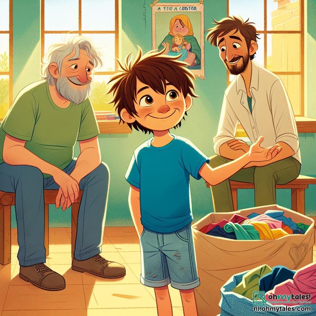 Een 12-jarig jongetje, Sam, met rommelig kastanjebruin haar en nieuwsgierige ogen, staat in het midden van de afbeelding. Hij draagt een blauwe t-shirt en een spijkerbroek, met een warme glimlach op zijn gezicht, terwijl hij een hand uitsteekt naar een tas met kleurrijke kleding die hij net heeft verzameld om gezinnen in nood te helpen. Rechts van hem kijkt een man van rond de veertig, meneer Groen, met een lichte baard en versleten kleren, dankbaar naar Sam terwijl hij de hand vasthoudt van zijn kleindochter Lotte, een 6-jarig meisje met blond haar en stralende ogen, die een roze jurk draagt. Ze staan dicht bij een grote houten tafel, bedekt met tassen en dozen vol donaties. De locatie is een dorpshuis met lichtgele muren, kleurrijke posters over solidariteit aan de muren en ramen die zonlicht binnenlaten, wat een gastvrije en vrolijke sfeer creëert. De hoofd situatie toont Sam en andere kinderen die rond de tafel verzameld zijn, lachend en ideeën uitwisselend over hoe ze hun gemeenschap kunnen helpen, wat de geest van solidariteit en onderlinge hulp illustreert die hen verbindt in deze mooie actie.
