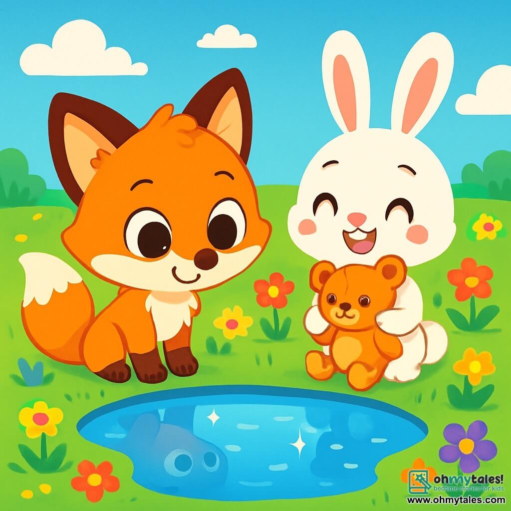 A small bright orange fox named Finn, with big shiny eyes and a bushy tail, stands by a sparkling pond. He has a curious yet lighthearted expression, looking at his reflection in the clear water. Next to him is a small white bunny named Bella, with large ears and a sweet smile, holding a repaired toy, her face beaming with joy and satisfaction. The setting is a magical meadow filled with vibrant flowers under a blue sky dotted with fluffy clouds. The pond in the center shines like a mirror, reflecting the colors of the sky and surrounding flowers. The main scene shows Finn and Bella, together and happy, playing by the pond, celebrating their friendship after fixing Bella's toy, surrounded by a joyful and bright atmosphere.
