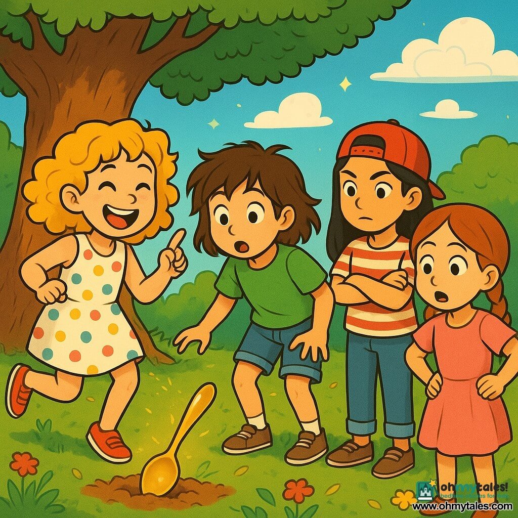 There are four children: Lila, a 10-year-old girl with curly golden hair wearing a colorful polka dot dress, joyfully jumps on one foot with a big smile on her face; Mabel, a 9-year-old girl with messy brown hair in a green t-shirt and denim shorts, approaches curiously with wide eyes, ready to discover the treasure; Zoe, an 11-year-old girl with smooth black hair wearing a red cap backward and a striped t-shirt, observes the group with crossed arms and a determined look; Tilly, a 10-year-old girl with braided red hair in a pink dress, stands a bit back with hands on her hips, showing an expression of excitement mixed with concern. The four children are near an old oak tree in a sunny park, where the ground is dotted with colorful flowers and sparkling leaves. In the background, a bright blue sky is decorated with candy-shaped clouds. The main scene shows the children discovering a mysterious shiny object, a golden spoon, emerging from the ground. Lila, smiling broadly, points to the spoon while the others approach with curiosity, their eyes shining with excitement and wonder.
