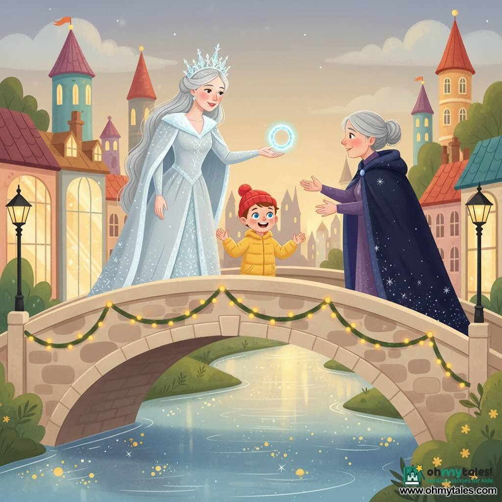 The Snow Queen (from Hans Christian Andersen) appears serene and kind, pale-faced with slightly rosy cheeks, in a long silvery gown and translucent snowflake crown, offering a shining ice ring from her outstretched hand to an older witch on an arched bridge over a shimmering river at dusk; an enthusiastic 8-year-old boy with a bright red hat and yellow jacket stands between them encouragingly; the witch’s dark cloak shifts to starry midnight blue, her gray hair up and surprised expression softening; rooftop gardens, glass facades and colorful towers line the banks, with string lights and golden reflections in the water, and warm, gentle light turns the scene into a peaceful, magical urban landscape.