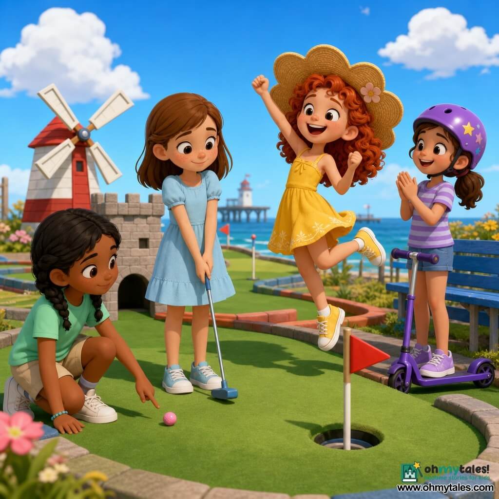 Four 8-year-old girls play together at a colorful coastal mini-golf course: Mia, center-left, fair skin, mid-length light brown hair, freckles, pale blue dress, holding a small putter as her ball rolls toward the dark tunnel entrance of a small stone castle; Ruby, right, curly red hair, wide straw flower hat, bright yellow dress, jumping on one leg and making an enthusiastic gesture; Leila, left, black hair in braids, calm eyes, mint green T-shirt and beige shorts, crouching and pointing at a golf ball on the turf; Tess, background right, tied brown hair, purple helmet with star stickers, striped purple T-shirt, holding a purple scooter and clapping. The course has green artificial turf, playful obstacles (red-and-white windmill, small stone castle with a tunnel), miniature flags, a blue-painted wooden bench, a partial sea and pier view, and a clear summer sky with fluffy clouds; saturated colors, soft cel-shaded shadows, crisp textures, warm friendly atmosphere.