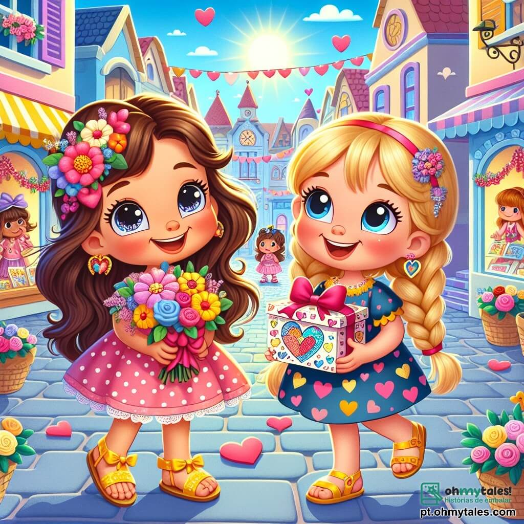 Uma menina de 6 anos, Sofia, com longos cabelos castanhos e olhos brilhantes, sorri alegremente segurando um buquê de flores coloridas nos braços. Ela usa um vestido rosa com bolinhas brancas e sandálias amarelas. Ao seu lado, sua melhor amiga Lúcia, também de 6 anos, tem cabelos loiros trançados e um grande sorriso. Ela veste um vestido azul com estampas de corações e segura um pequeno cartão decorado com desenhos coloridos. A cena acontece em uma charmosa rua principal, decorada para o Dia dos Namorados, com corações de papel pendurados nas janelas e guirlandas de flores. O sol brilha em um céu azul claro, iluminando a atmosfera alegre. Sofia e Lúcia estão distribuindo flores e cartões para seus amigos, enchendo o ar de risos e felicidade, enquanto celebram a amizade e o amor neste dia especial.