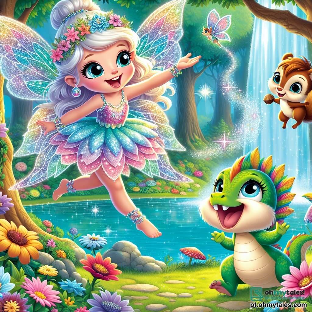 Uma fada cintilante chamada Lili, com asas brilhantes de cores pastel, voa alegremente sobre um lago azul cintilante. Seu rosto está iluminado por um grande sorriso, e ela usa um vestido feito de pétalas de flores multicoloridas. Ela estende os braços, como se convidasse seus amigos a se juntarem a ela na dança. Ao lado dela, um pequeno esquilo chamado Tico, com pelagem marrom e olhos brilhantes, sobe em um galho de árvore, rindo e admirando Lili. Ele segura uma noz em suas pequenas patas, pronto para compartilhar. Um dragão risonho, grande e colorido, com escamas verdes e olhos redondos e amigáveis, está à beira do lago, soprando suavemente bolhas de fumaça que se transformam em formas divertidas. O local é uma clareira encantada, cercada por árvores majestosas e flores vibrantes. A cena principal mostra Lili, Tico e o dragão se divertindo juntos, dançando e rindo ao redor do lago, celebrando sua amizade em uma atmosfera alegre e mágica.