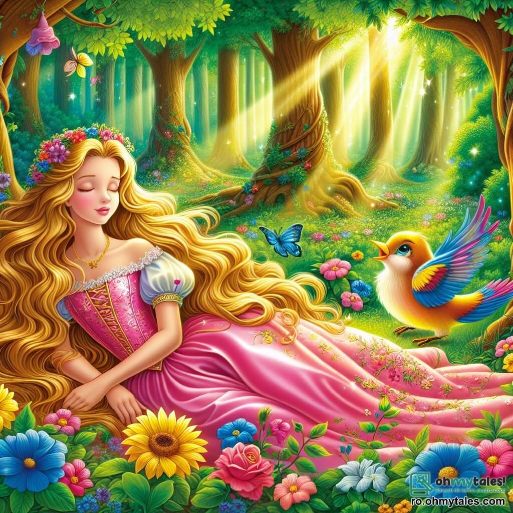 Frumoasa din pădurea adormită, o tânără de aproximativ 18 ani, este întinsă liniștită pe un pat de flori colorate, cu părul lung și auriu lăsându-se în cascade în jurul feței sale senine. Ea poartă o rochie delicată din satin roz, împodobită cu motive florale, iar expresia ei este blândă și visătoare, ca și cum ar pluti într-un vis dulce. Lângă ea, un mic păun cu pene strălucitoare, în nuanțe de albastru și galben, cântă vesel, aducând o notă de viață scenei. Locul este o poiană fermecată, înconjurată de copaci măreți cu trunchiuri groase și frunze verzi, unde razele de soare filtrează printre frunziș, creând un joc de lumină magic pe solul acoperit cu flori sălbatice. Fluturi colorați dansează în aer, adăugând o atmosferă feerică mediului. Situația principală o arată pe Frumoasa din pădurea adormită într-un moment de liniște, înconjurată de frumusețea naturii, în timp ce se pregătește să se trezească dintr-un lung somn fermecat, simbolizând speranța și renașterea.