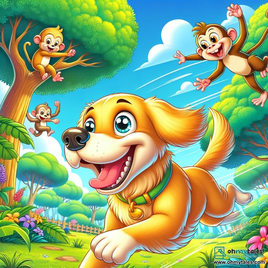 A joyful golden retriever with a shiny golden coat and sparkling eyes runs at full speed in a lush park, its tail wagging with happiness. Next to it, two playful monkeys, one with light brown fur and the other with white spots, leap from branch to branch, laughing and encouraging the dog to follow. The park is filled with tall trees with vibrant green leaves, colorful flowers, and a clear blue sky dotted with fluffy white clouds. In this dynamic scene, the dog and the monkeys are engaged in a wild race, their faces beaming with joy, while a group of curious rabbits watches them from a corner of the lawn, intrigued by this fun adventure.