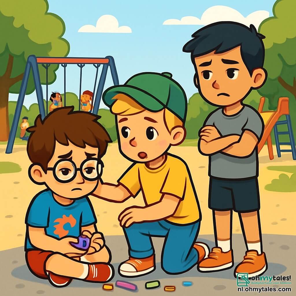 Er zijn 3 personages: - Tom: een 8-jarig jongetje met rommelig bruin haar en ronde bril. Hij draagt een blauwe t-shirt met een draak en een rode short. Hij zit op de grond met gekleurde krijtjes in zijn handen en ziet er verdrietig uit. - Bas: een 8-jarig jongetje met blond haar en een groene pet op zijn hoofd. Hij draagt een gele t-shirt en een spijkerbroek. Hij staat naast Tom, met een meelevende blik, klaar om hem te troosten. - Max: een 9-jarig jongetje met zwart haar en een grote gestalte. Hij draagt een grijze t-shirt en een zwarte short. Hij staat iets verder weg met zijn armen gekruist en een aarzelende uitdrukking op zijn gezicht. De locatie is een zonnige schoolyard met kleurrijke speeltoestellen op de achtergrond, zoals schommels en een glijbaan. De grond is bedekt met grind en gekleurde krijtjes, waar andere kinderen vrolijk spelen. Groene bomen omringen de speelplaats en bieden wat schaduw. De hoofd situatie toont Tom en Bas die samen zitten, Tom ziet er verdrietig uit omdat Max een van zijn krijtjes heeft gebroken. Bas probeert hem te troosten, terwijl Max op afstand staat en nadenkt over zijn daden. De sfeer is zowel kleurrijk als emotioneel, wat het thema van pesten en vriendschap illustreert.