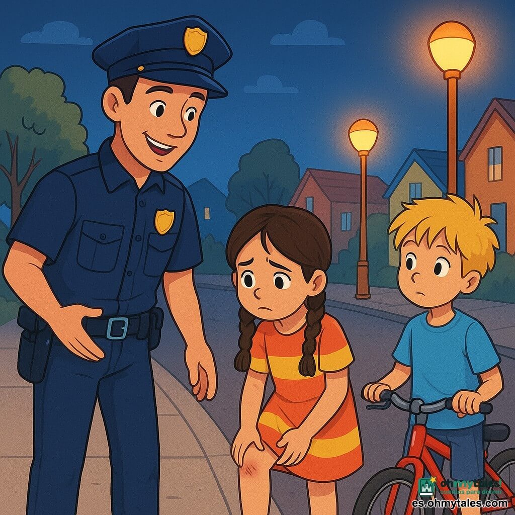 Un policía sonriente, un hombre de unos treinta años con un uniforme azul marino, una gorra bien ajustada y un cinturón lleno de herramientas de seguridad, está de pie en la acera. Su expresión es cálida y tranquilizadora, mostrando su determinación para proteger a los niños del barrio. A su lado, una niña de unos 8 años, Lucía, con cabello castaño trenzado y un vestido colorido, se frota una leve raspadura en la rodilla, luciendo un poco preocupada. Un niño de 9 años, Pablo, con cabello rubio despeinado, observa la escena con curiosidad, sosteniendo una bicicleta roja a su lado. Los tres están cerca de una acera bordeada de farolas naranjas, que iluminan la escena con una suave luz nocturna. Al fondo, casas de fachadas coloridas y árboles frondosos añaden vida al decorado. La situación principal muestra al policía explicando a los niños la importancia de mantener las aceras despejadas, mientras los tranquiliza con una sonrisa amistosa.