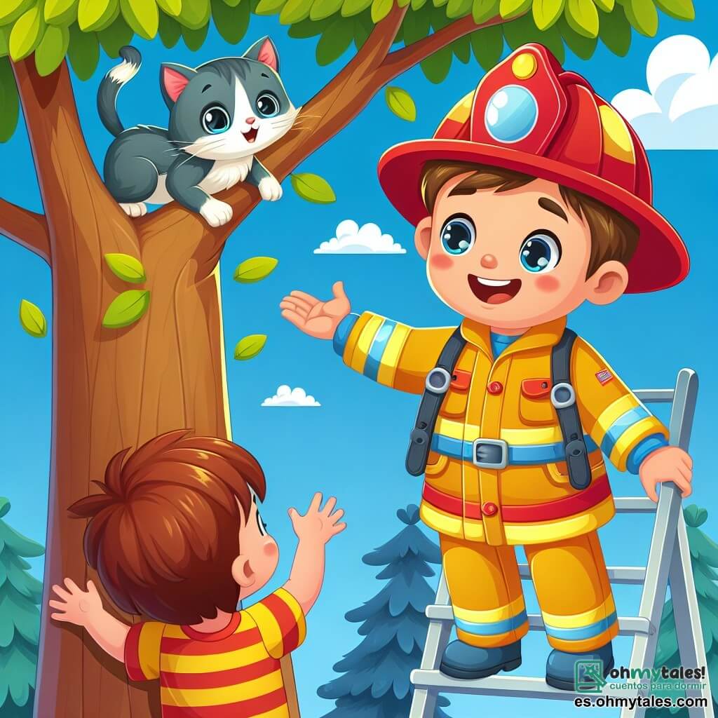 Un bombero fuerte y sonriente lleva un casco rojo brillante y un traje amarillo. Está extendiendo los brazos hacia un pequeño gatito gris, que está en una rama de un árbol, con una expresión de preocupación en su rostro. A su lado, un niño de unos 6 años, con cabello castaño y ojos brillantes, mira al bombero con admiración, con las manos en las caderas. El árbol es grande y frondoso, con un cielo azul claro de fondo y algunas nubes blancas esponjosas. La situación principal muestra al bombero tratando de salvar al gatito mientras sube por una escalera, mientras el niño lo anima con una gran sonrisa.