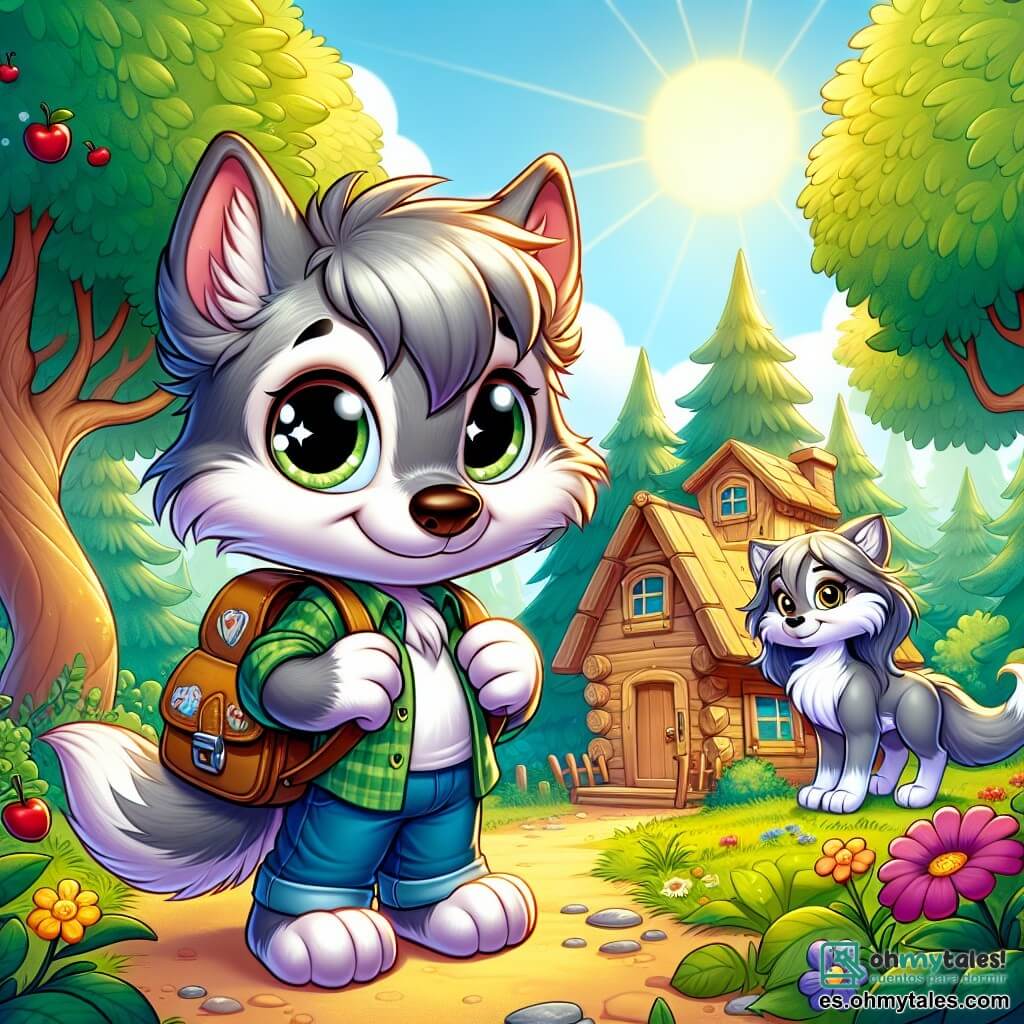 Un pequeño lobo llamado Luno, con un suave pelaje gris y ojos llenos de curiosidad, está frente a su casa de madera en el bosque. Tiene una sonrisa nerviosa en el rostro y sostiene una pequeña mochila llena de útiles escolares. A su lado, su hermana, Luna, una loba más grande con pelaje plateado y ojos cálidos, le guiña un ojo animándolo con una sonrisa confiada. Su mamá, una loba de pelaje marrón dorado, se inclina hacia Luno con una mirada tierna, dándole un último abrazo antes de irse. Su casa de madera está rodeada de árboles verdes con hojas brillantes y flores coloridas que bailan con la suave brisa. El sol brilla en un cielo azul claro, creando una atmósfera alegre y acogedora. Luno, algo dudoso pero emocionado, se prepara para entrar en el mundo de la escuela, listo para vivir su primer día de aprendizaje y amistad.