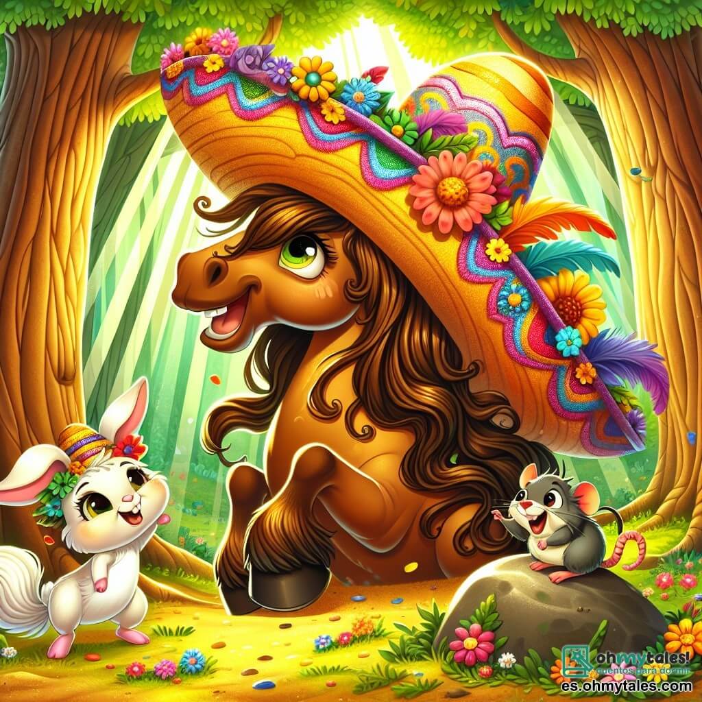 Un gran caballo de pelaje marrón dorado, con una melena sedosa y ojos brillantes de alegría, lleva un enorme sombrero colorido hecho de flores y plumas. Se encuentra en el centro, riendo y mirando al cielo, mientras el viento hace ondear su sombrero. A su lado, una pequeña conejita blanca, con grandes orejas y una sonrisa traviesa, salta de alegría, sosteniendo una rama decorada con flores. Un pequeño ratón gris, con ojos vivos y una cola larga, está sobre una piedra, riendo y señalando el sombrero que vuela. La escena transcurre en un hermoso bosque encantado, donde grandes árboles con troncos gruesos y hojas verdes brillantes crean una atmósfera mágica. Rayos de sol atraviesan las ramas, iluminando el suelo cubierto de flores coloridas. En esta situación principal, el caballo, el conejo y el ratón se divierten juntos mientras el sombrero gigante vuela por los aires, provocando risas y un ambiente alegre.